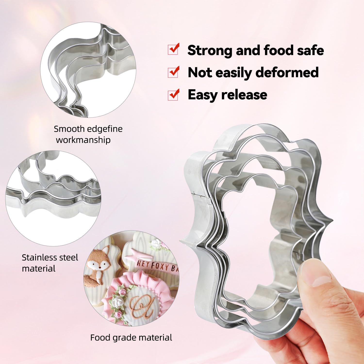 Plaque Frame Cookie Cutter 4Pcs/Set, Stainless Steel Pastry Biscuit Cookie Cutter Set Fondant Pancake Cutters Mold (Style 2)