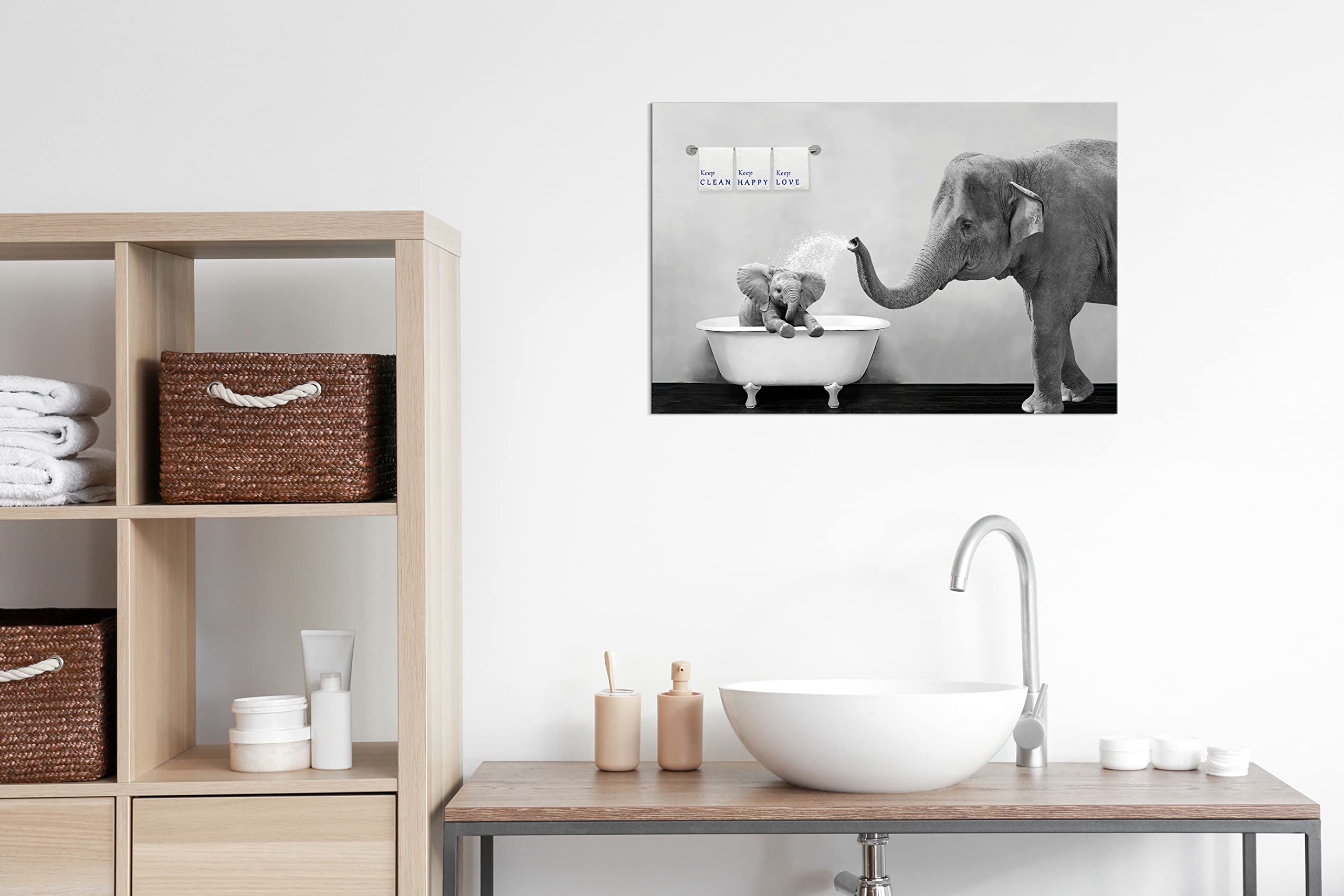 Piy Painting Elephant Bathroom Decor Wall Art, Funny Canvas Prints Of Mother And Child Playing Water In Bath Crock, Warm Bathtub