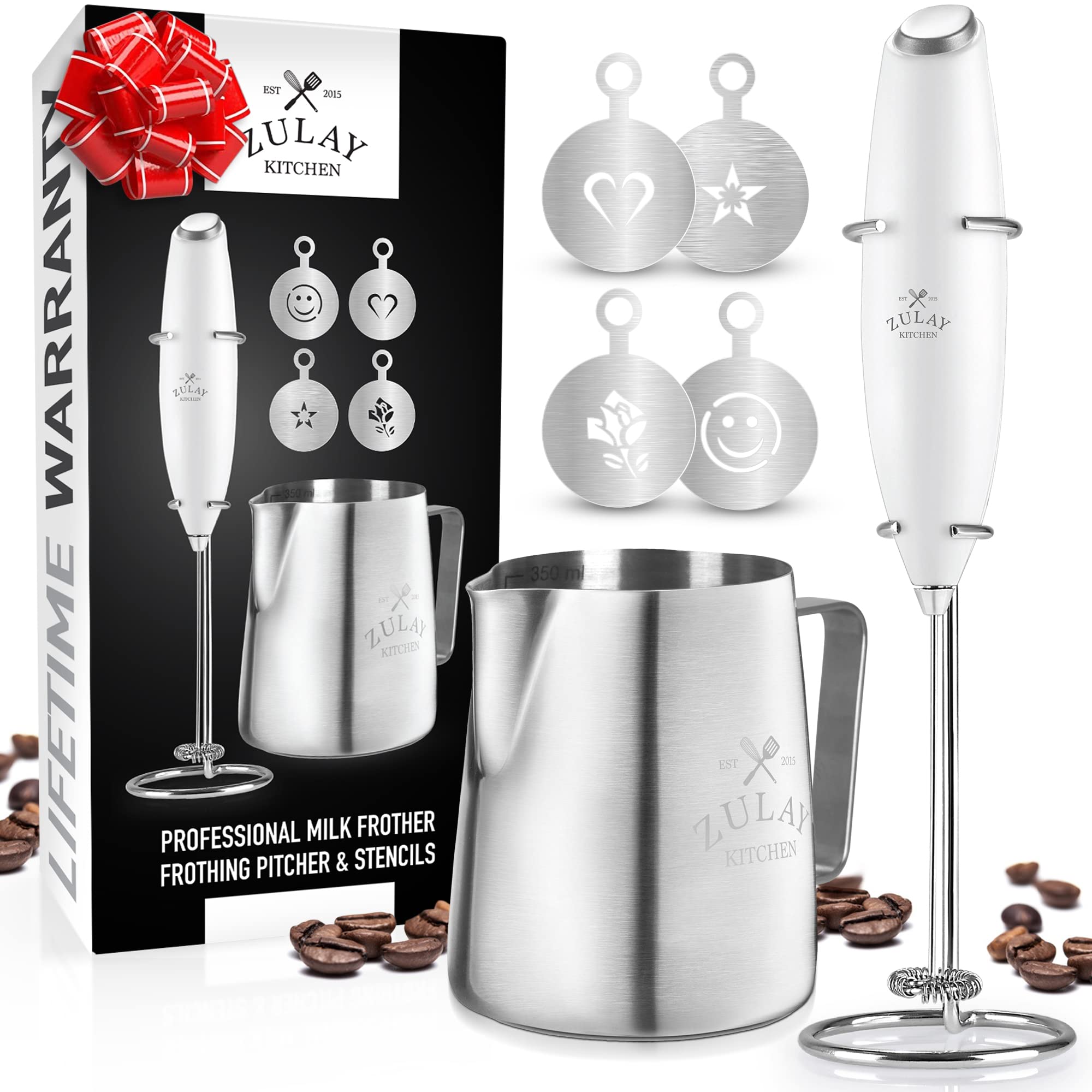 Zulay Milk Frother Complete Set Coffee Gift, Handheld Foam Maker For Lattes - Whisk Drink Mixer For Coffee, Mini Blender For Cap