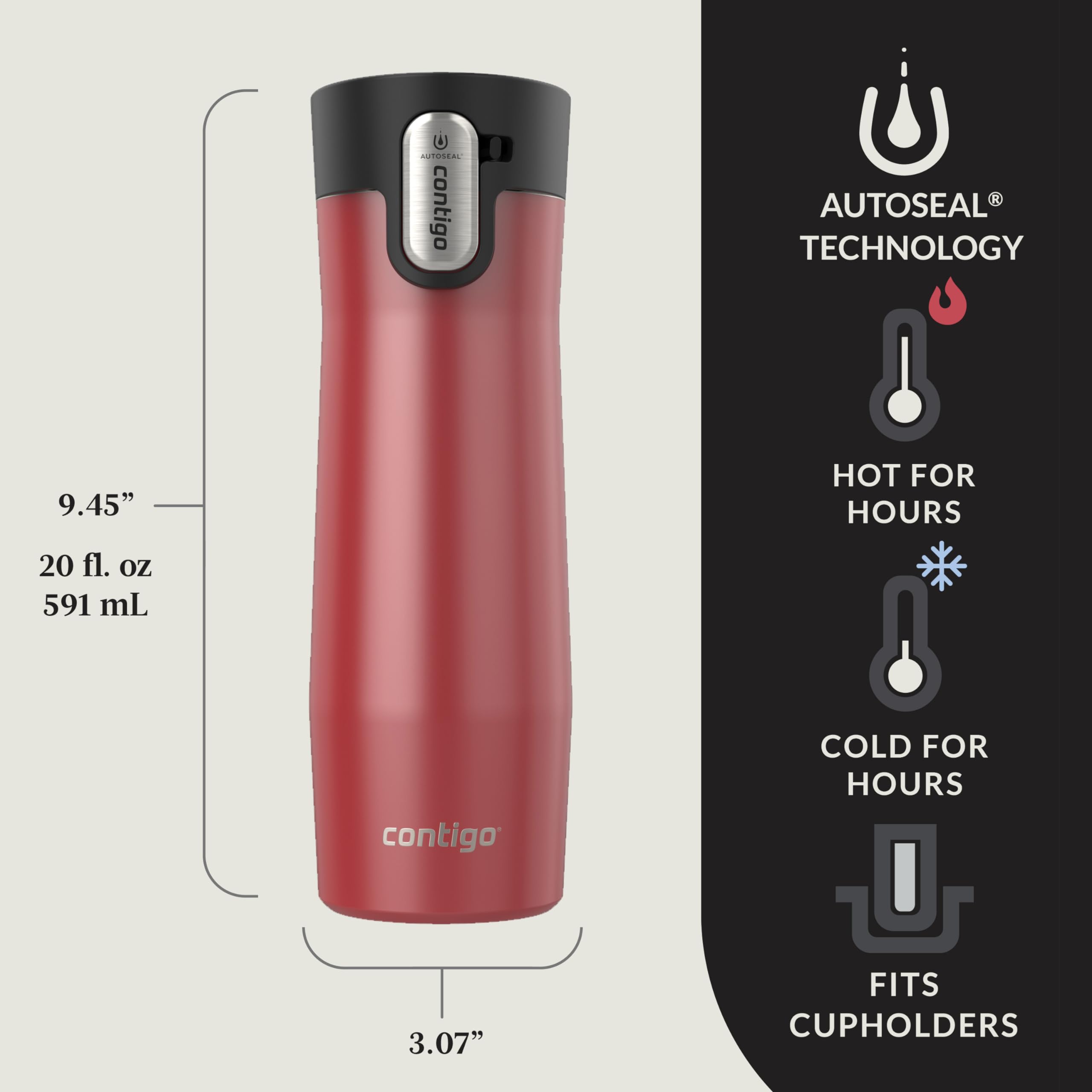 Contigo Autoseal West Loop Vacuum-Insulated Stainless Steel Travel Mug With Easy-Clean Lid, 20 Oz, 2 Pack, Goji Berry Frosted Pe