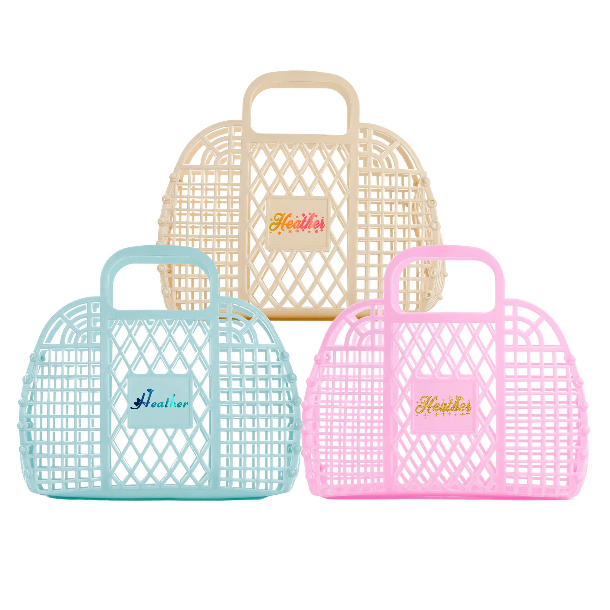 Flycalf Personalized Jelly Bags Beach Basket For Kids, Retro Style Summer Child Gifts Tote Purse Reusable Storage Custom Gift Pl