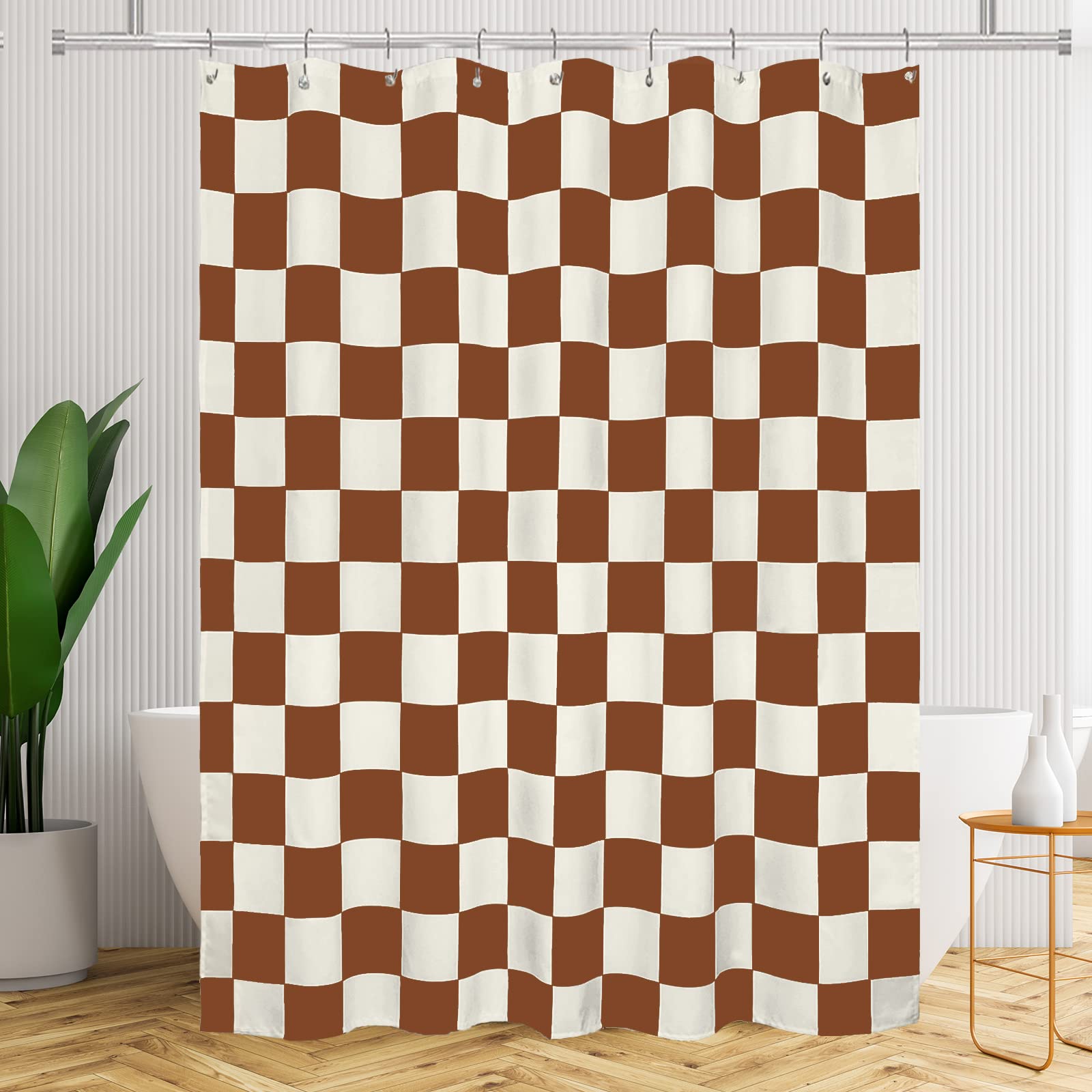 Tititex Aesthetic Checkerboard Grid Pattern Shower Curtain, Beige Caramel Brown Modern Shower Curtain Sets Decoration 71X71 Inch