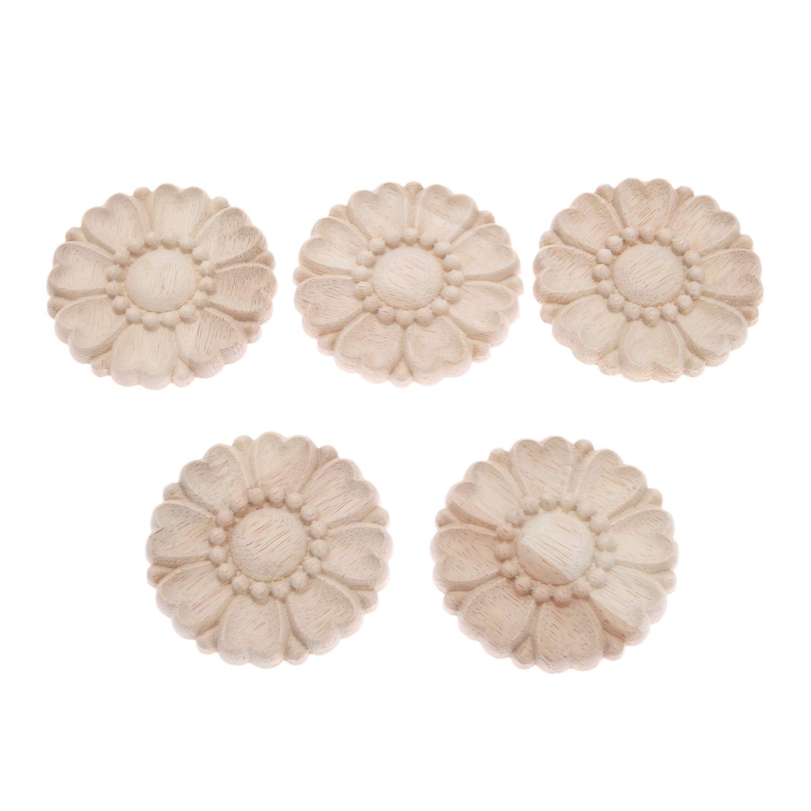 Muxsam 5-Pack Unpainted Round Wood Carved Applique Onlay Decals For Cupboard Dresser Bed Furniture Crafts Decor(8Cm/3.15'')