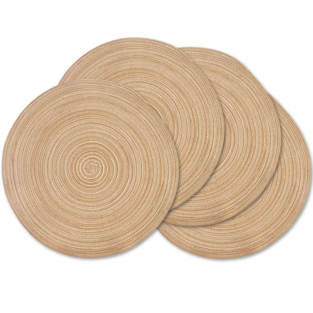 Homedge Round Placemat, Set Of 4 Braided Washable Table Mats 15 Inches-Linen Yellow