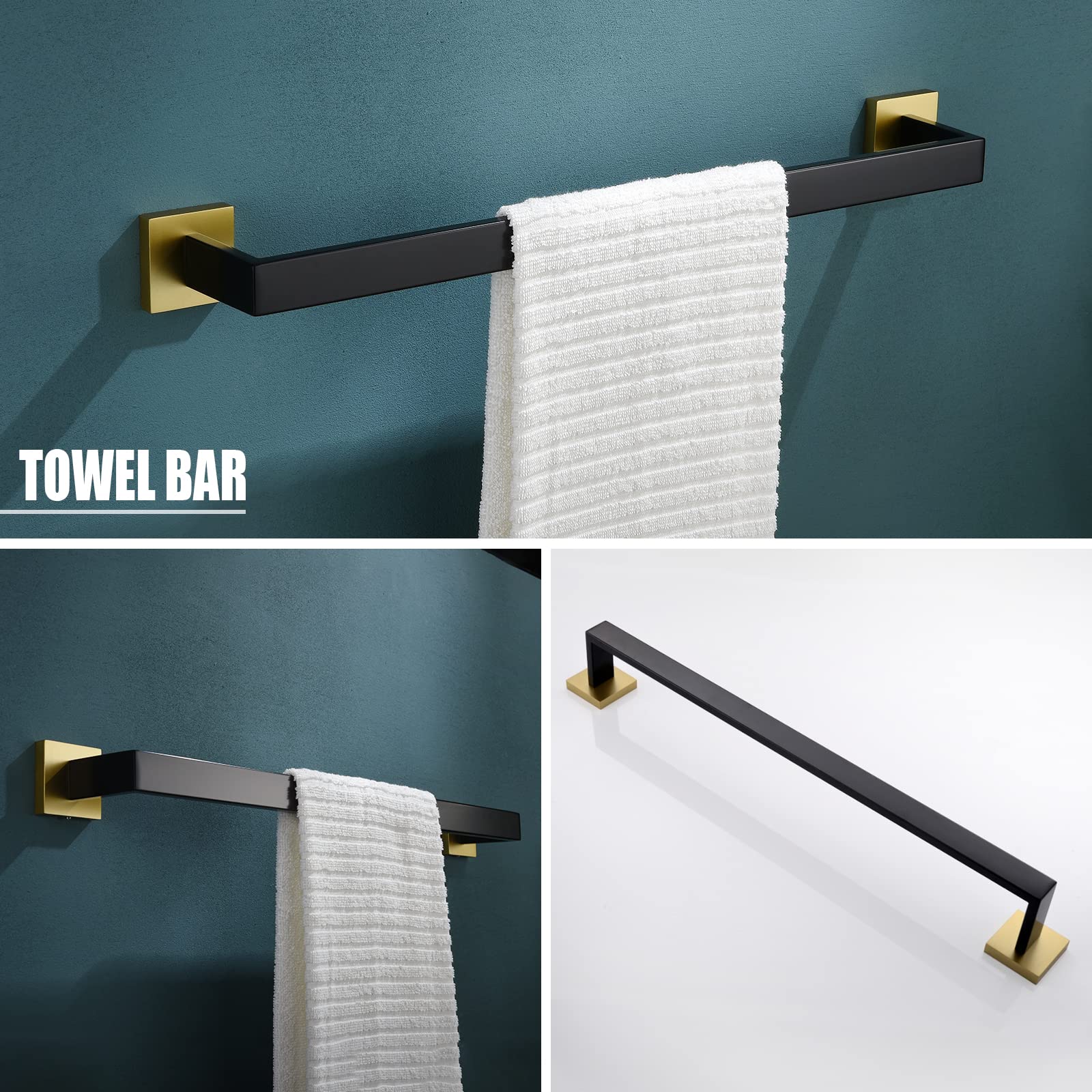 Yacvcl 5 Pieces Bathroom Hardware Set, Black And Gold Towel Bar Set, 23.6 Inch Towel Bar Hand Towel Holder Wall Mounted Stainles