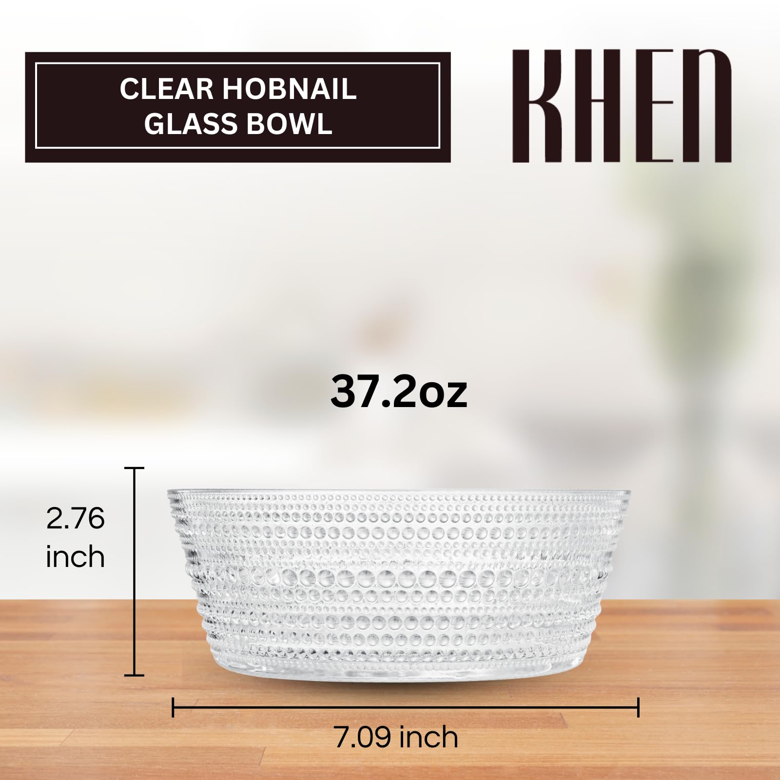 Khen Hobnail Glass Bowl Clear Vintage Style Textured Borosilicate - 10 Inch