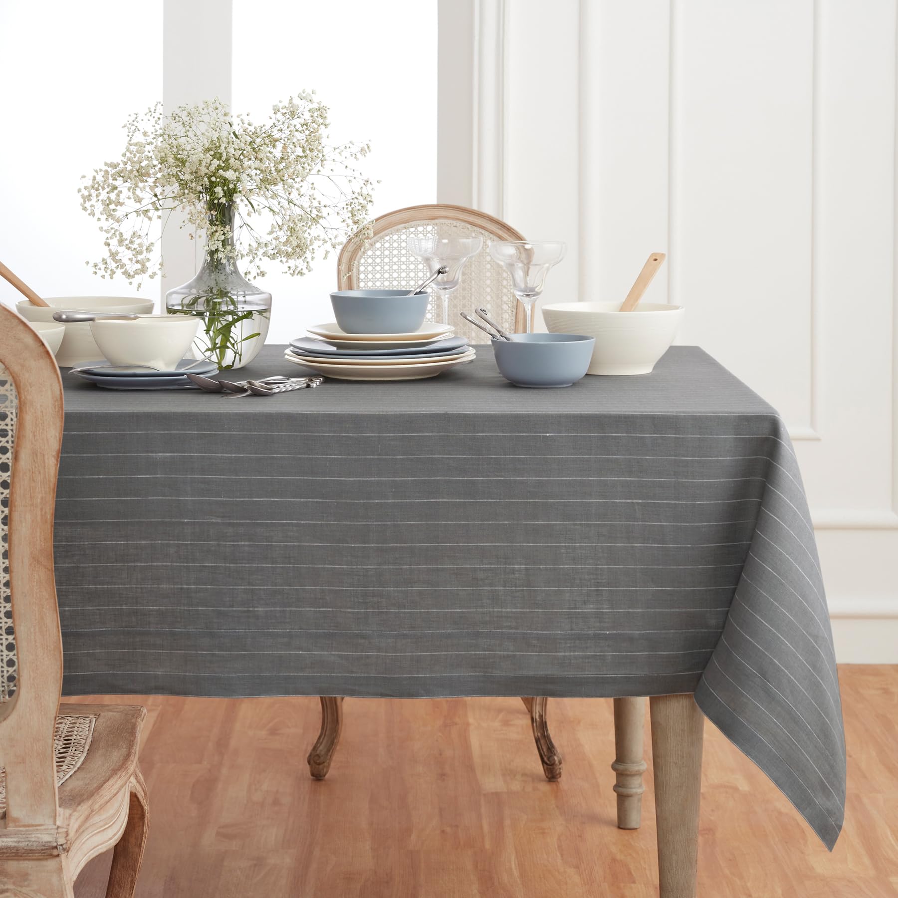 Solino Home Pinstripe Linen Tablecloth 120 '' L X 60 '' W Inch - 100% Pure Linen Grey And White Tablecloth - Machine Washable Fa