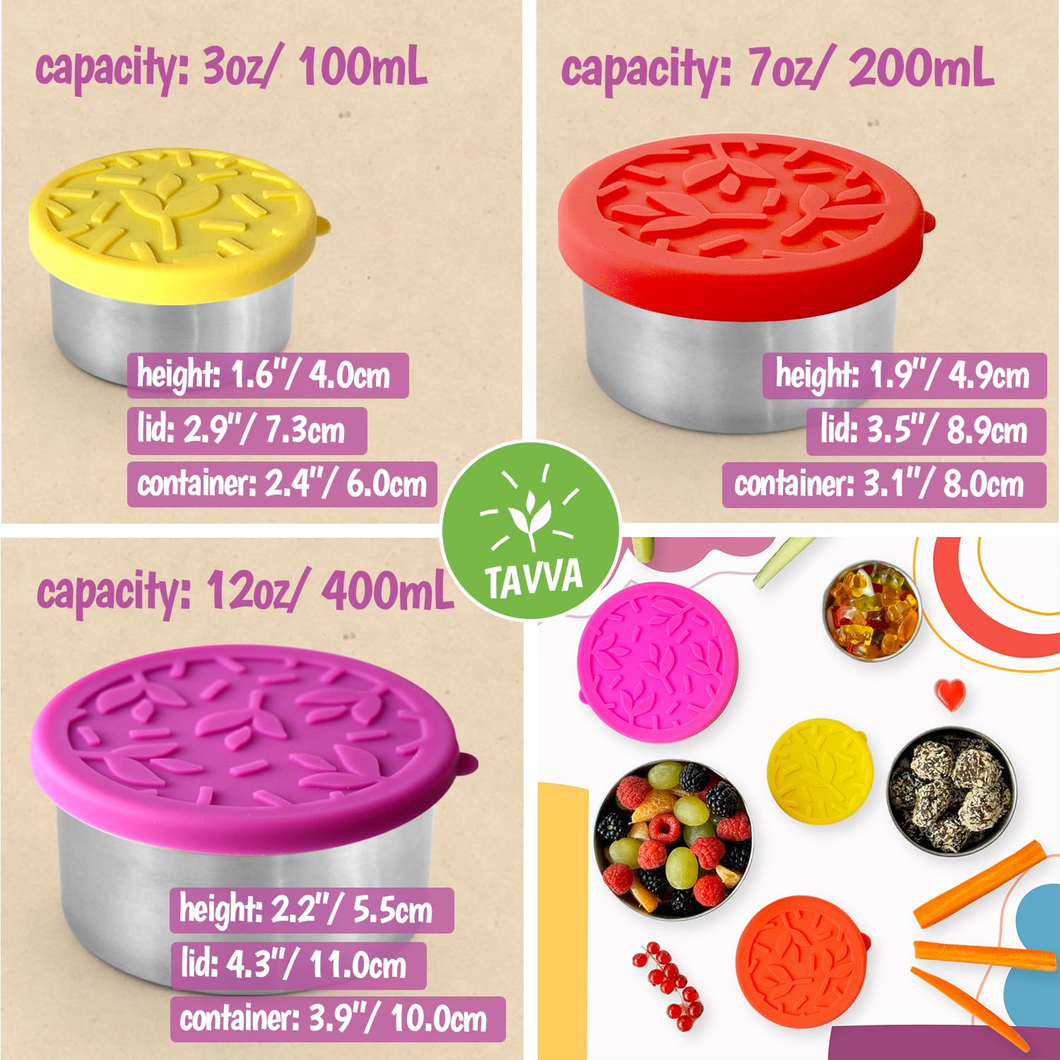 Tavva Stainless Steel Snack Containers For Kids (12Oz/7Oz/3Oz), Stainless Steel Containers With Lids, Stainless Steel Lunch Box