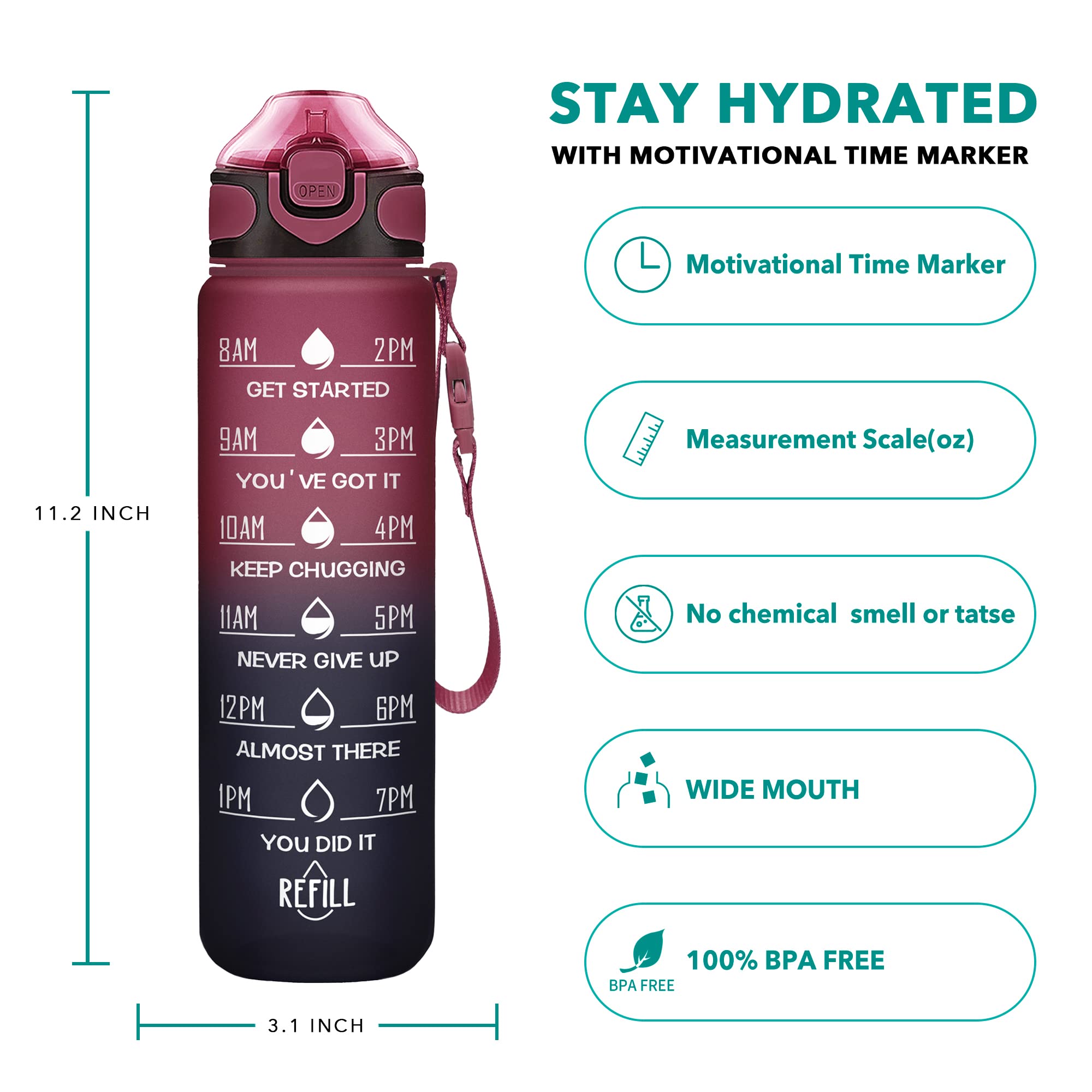 Enerbone 32 Oz Drinking Water Bottle With Times To Drink And Straw, Motivational With Carrying Strap, Leakproof Bpa & Toxic Free
