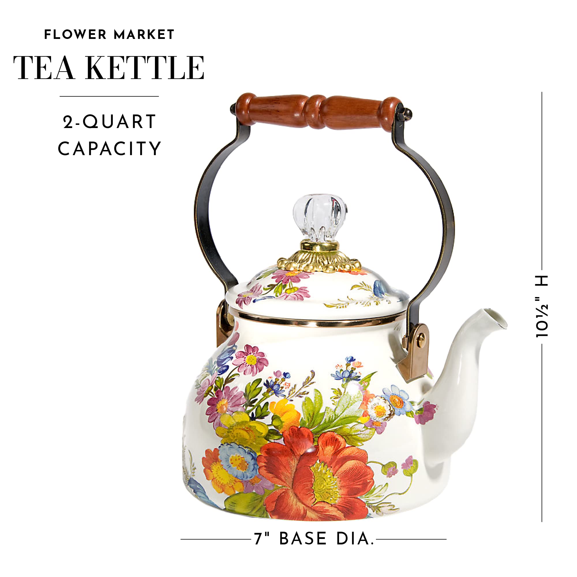 Mackenzie-Childs Flower Market Enamel Tea Kettle, Decorative Tea Kettle, 2-Quart Capacity, White