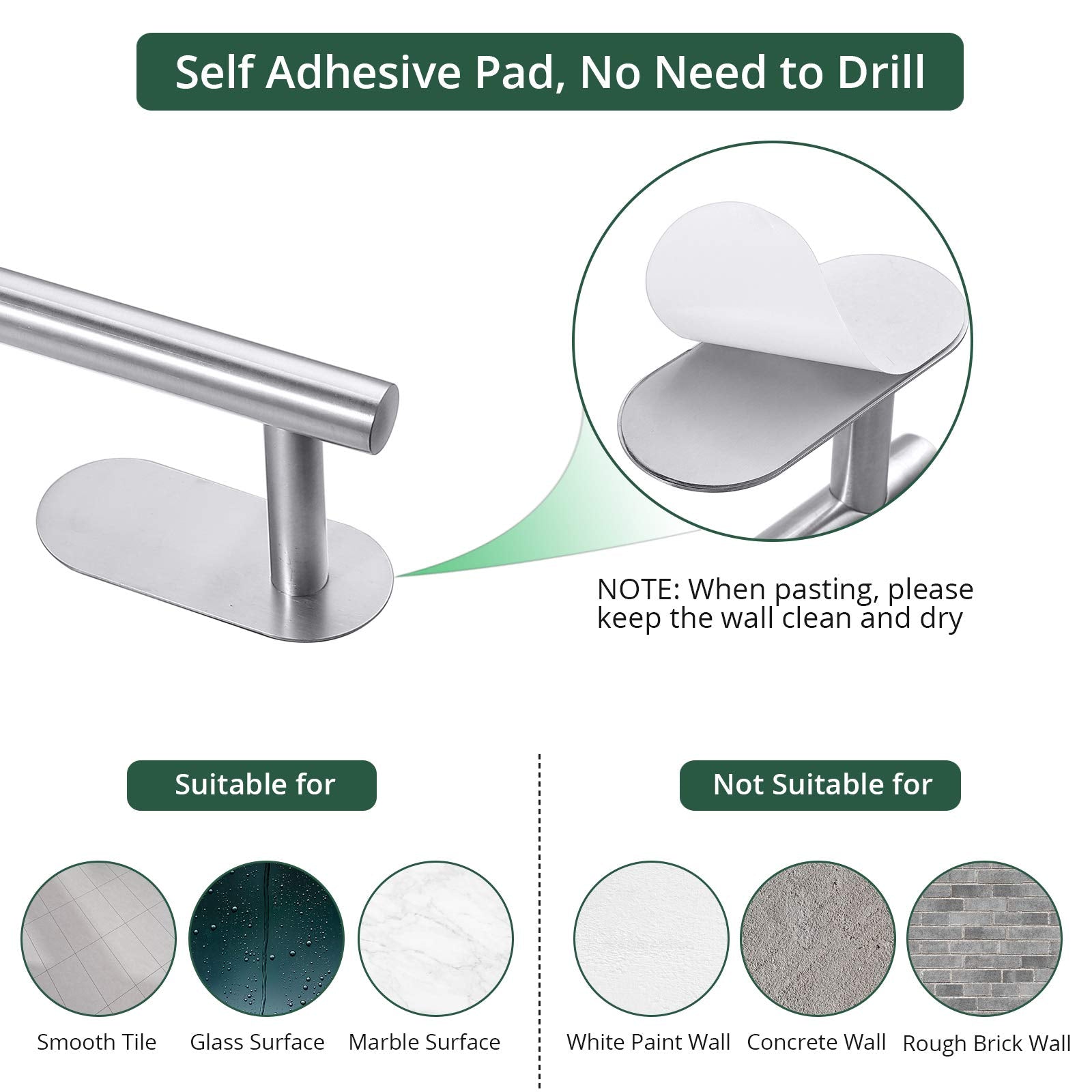 Self Adhesive Towel Bar  JiGiU Bathroom Hardware Set Include 16-Inch Bath Towel Bar Toilet Paper Holder & 3 Packs Towel Hooks SUS304 Stainless Steel Wall Mount No Drill Sticky on Towel Holder Kit