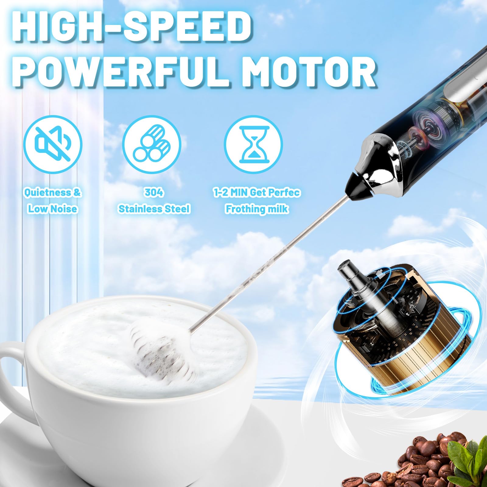 Tonjin Milk Frother Usb-C Rechargeable Handheld Frother Wand With 2 304 Stainless Whisks, New Upgraded 3 Speeds Coffee Whisk Fro