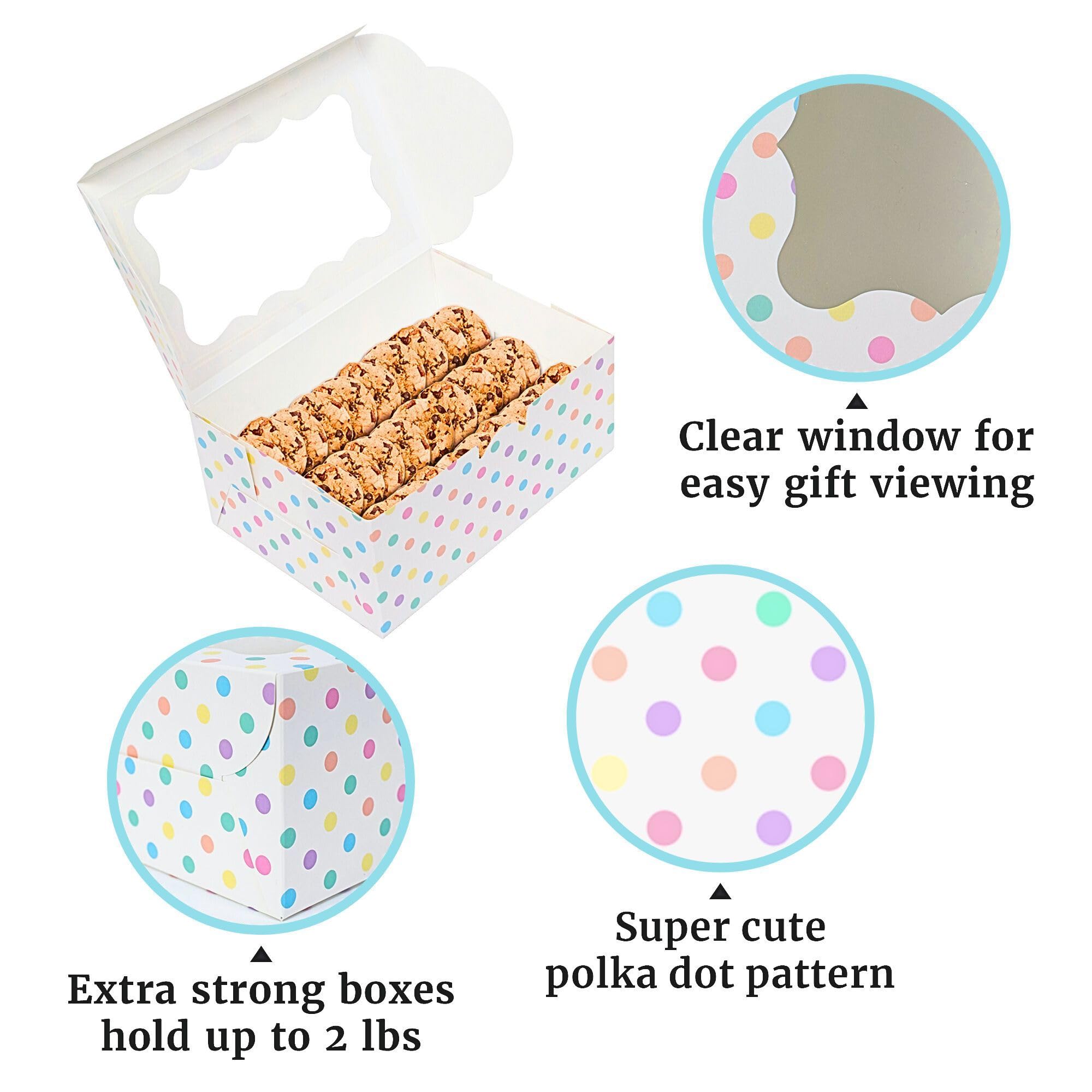 Polka Dot Cookie Boxes - 12 Pack - Pastel Polka Dot Cookie Boxes With Window - For Easter, Birthdays, Cupcakes, Pastries - Large