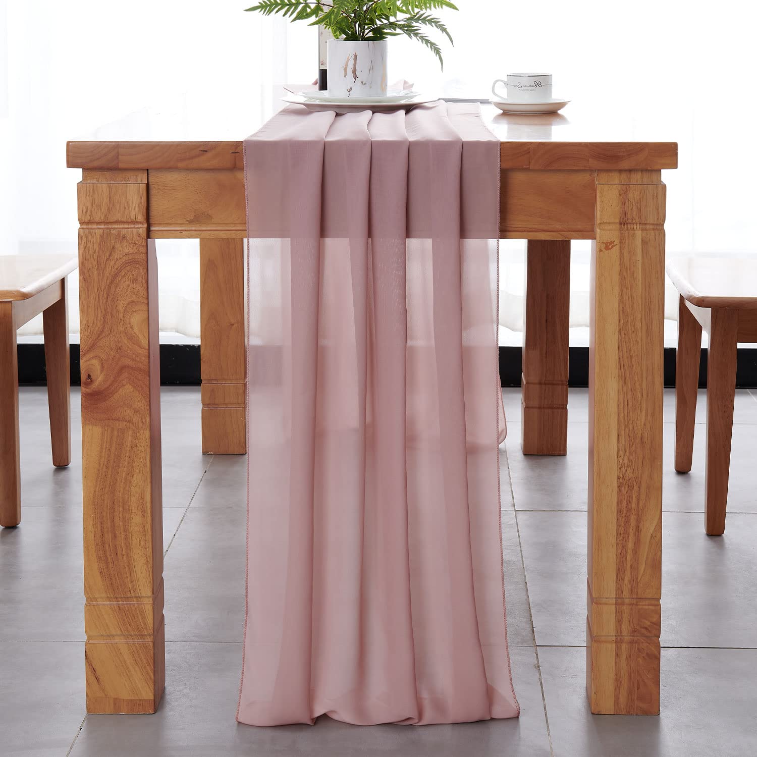 Delovo 2Packs Dusty Rose Chiffon Table Runner 27X120 Inches Long Sheer Fabric Table Runner For Wedding Party Banquets Bridal Hom