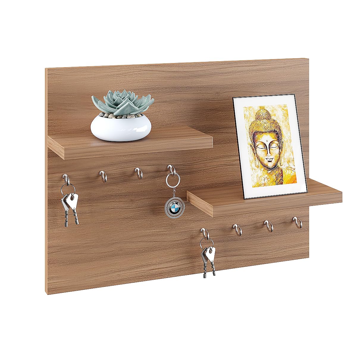 Woodwider Sassy Wall Mounted Key Holder for Home with Decorative Display Shelf (8 Hooks) Keys Chain Ring Mobile Holder Stand Org