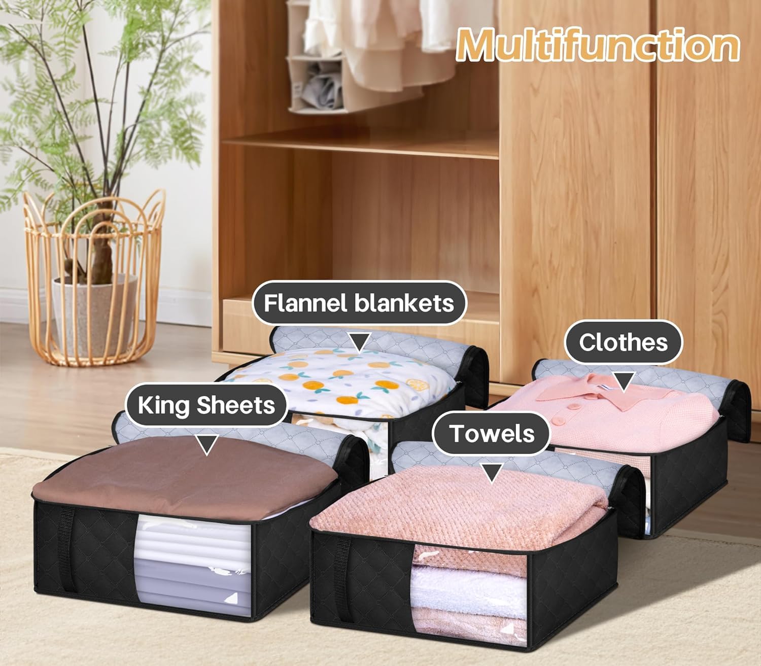 MISSLO Bed Sheet Organizers and Storage Queen/King Size Sheet Folder 4 Pack Linen Closet Organizer with Clear Window Blanket Sto
