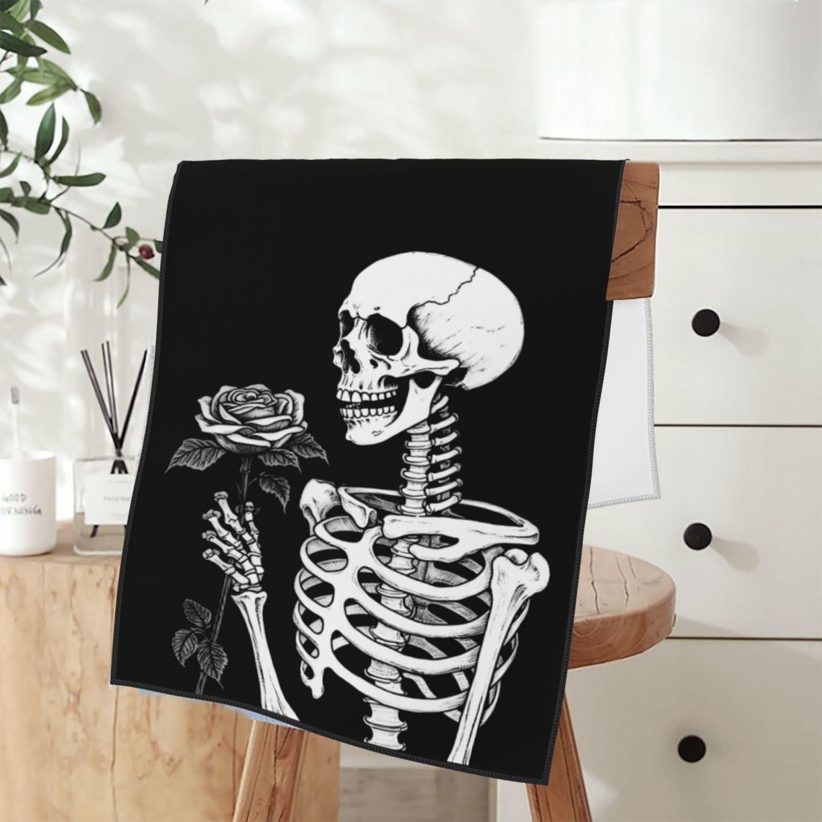 Dewoofly Skeleton Skull Boho Lightweight Fingertip Towels, Love Rose Hand Towel For Kitchen All Season 12 X 27.5 Inch