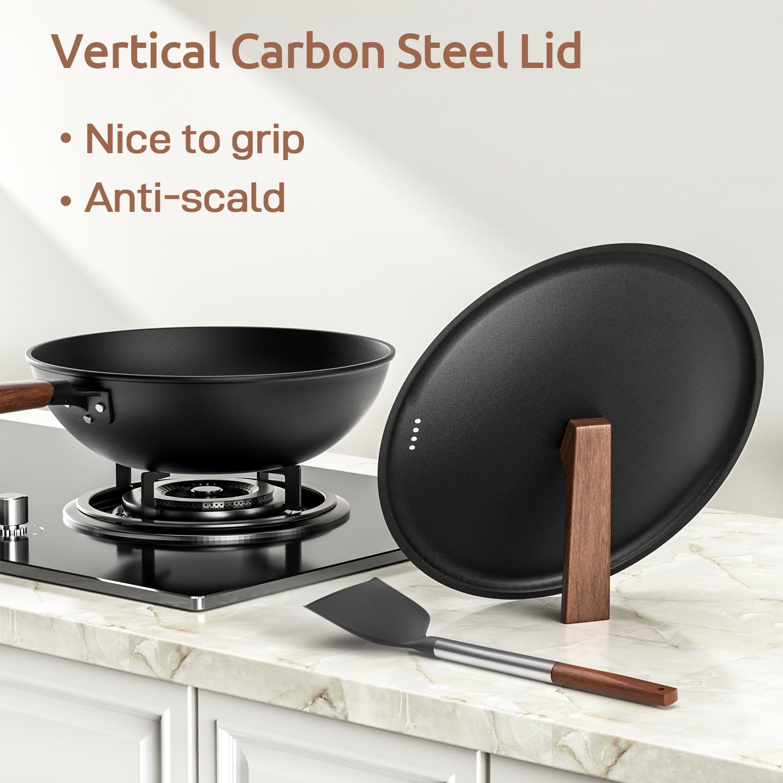 Todlabe Carbon Steel Wok, 13-Inch, Pre-Seasoned, Non-Stick, With Lid And Spatula, Flat Bottom, Ideal For Stovetop Cooking