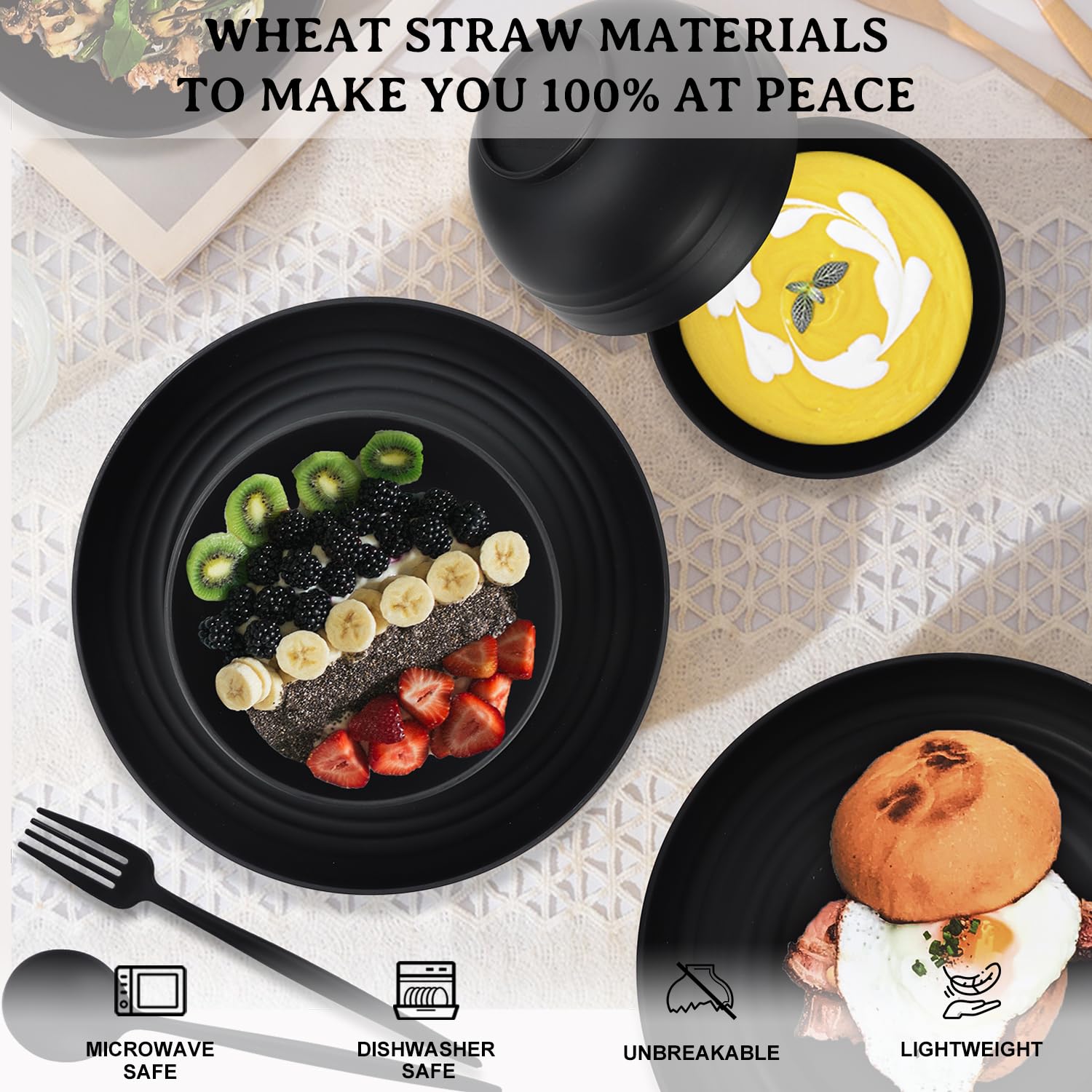 28-Piece Wheat Straw Dinnerware Sets, Microwave & Dishwasher Safe Unbreakable Dinnerware Set, Reusable Dishware Sets, Lightweigh