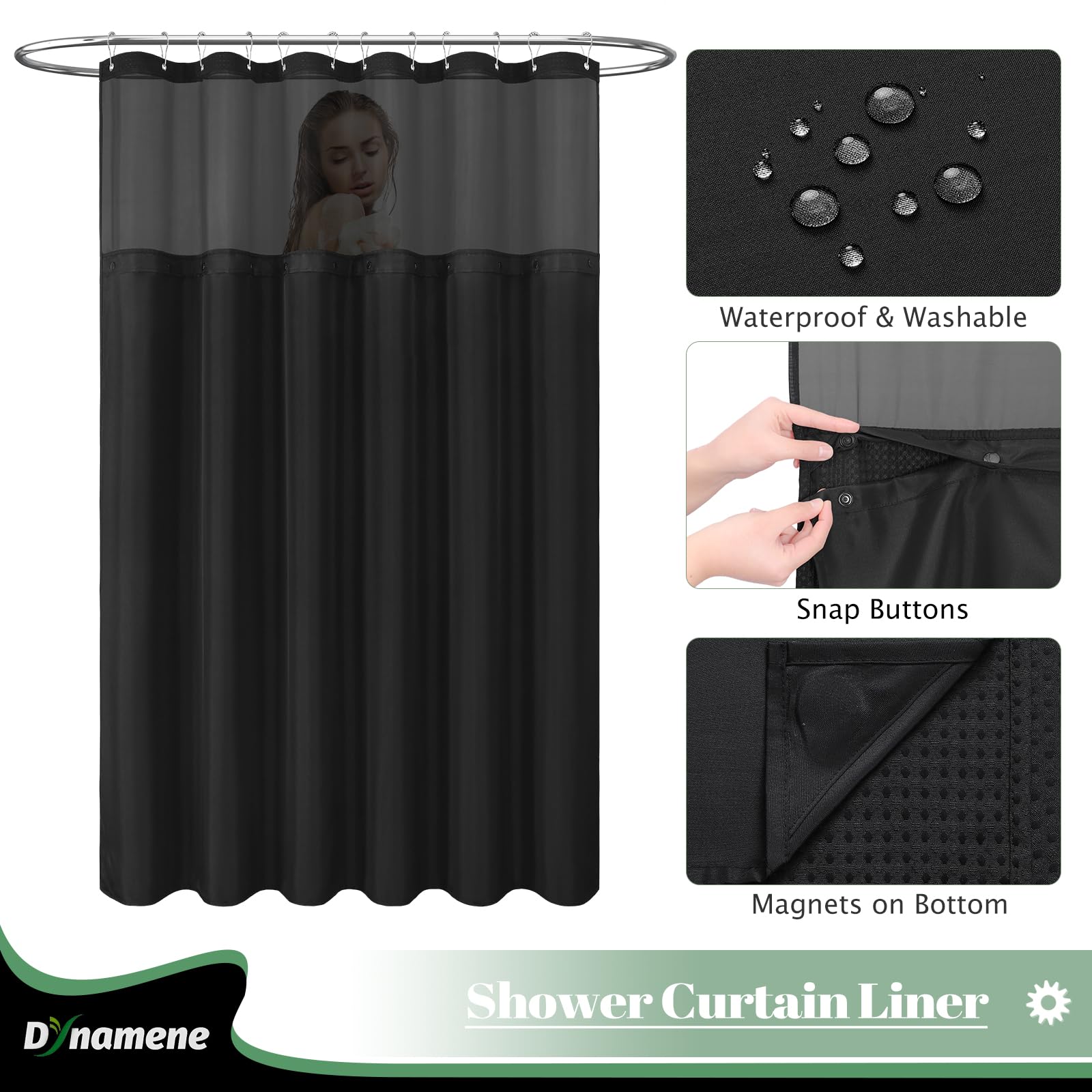 Dynamene Fabric Shower Curtain With Snap In Liner, Black Waffle Hotel Shower Curtains For Bathroom, Washable Waterproof Cloth Sh