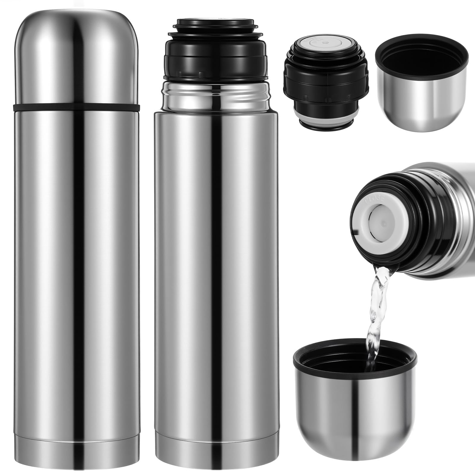 Afcabakila 2Pcs Vacuum Insulated Thermal, 17 oz/500ml Silver 304 Stainless Steel Water Bottle Thermal with Cup for Hot and Cold 