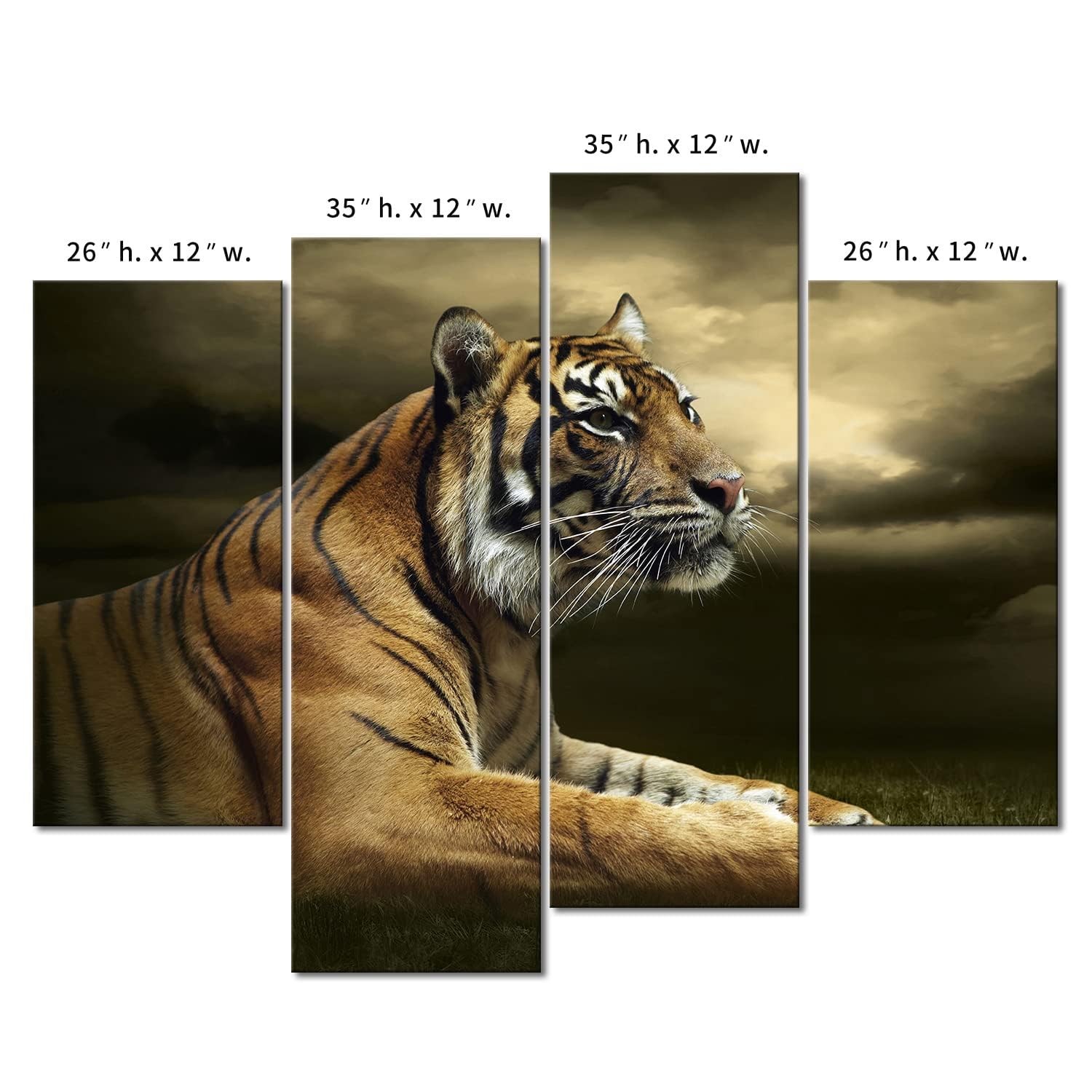 4 Panel Wall Art Tiger Looking and Sitting Under Dramatic Sky with Clouds Painting Pictures Print On Canvas Animal The Picture for Home Modern Decoration Piece Stretched by Wooden Frame Ready to Hang