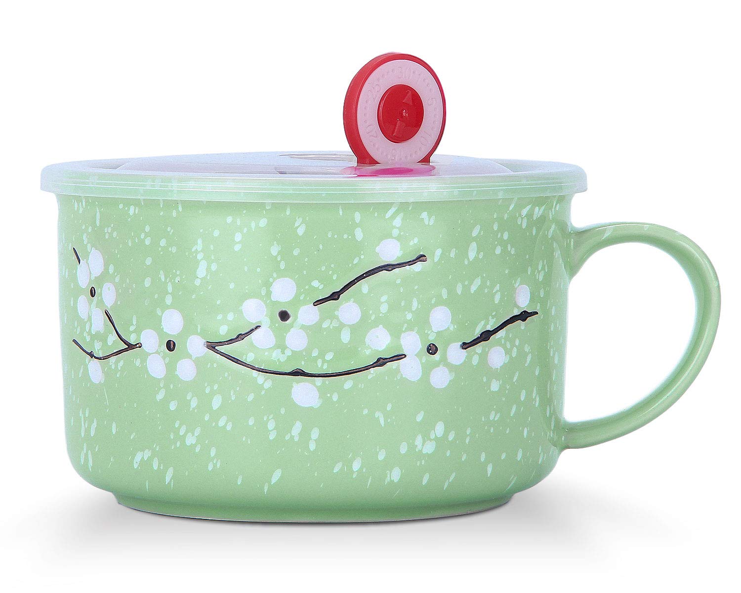 Vanenjoy 30Oz Ceramic Bowl With Lid & Handle,Cherry Blossoms Among Snow Flake Pattern,Microwave For Instant Noodle Sara, Cereal