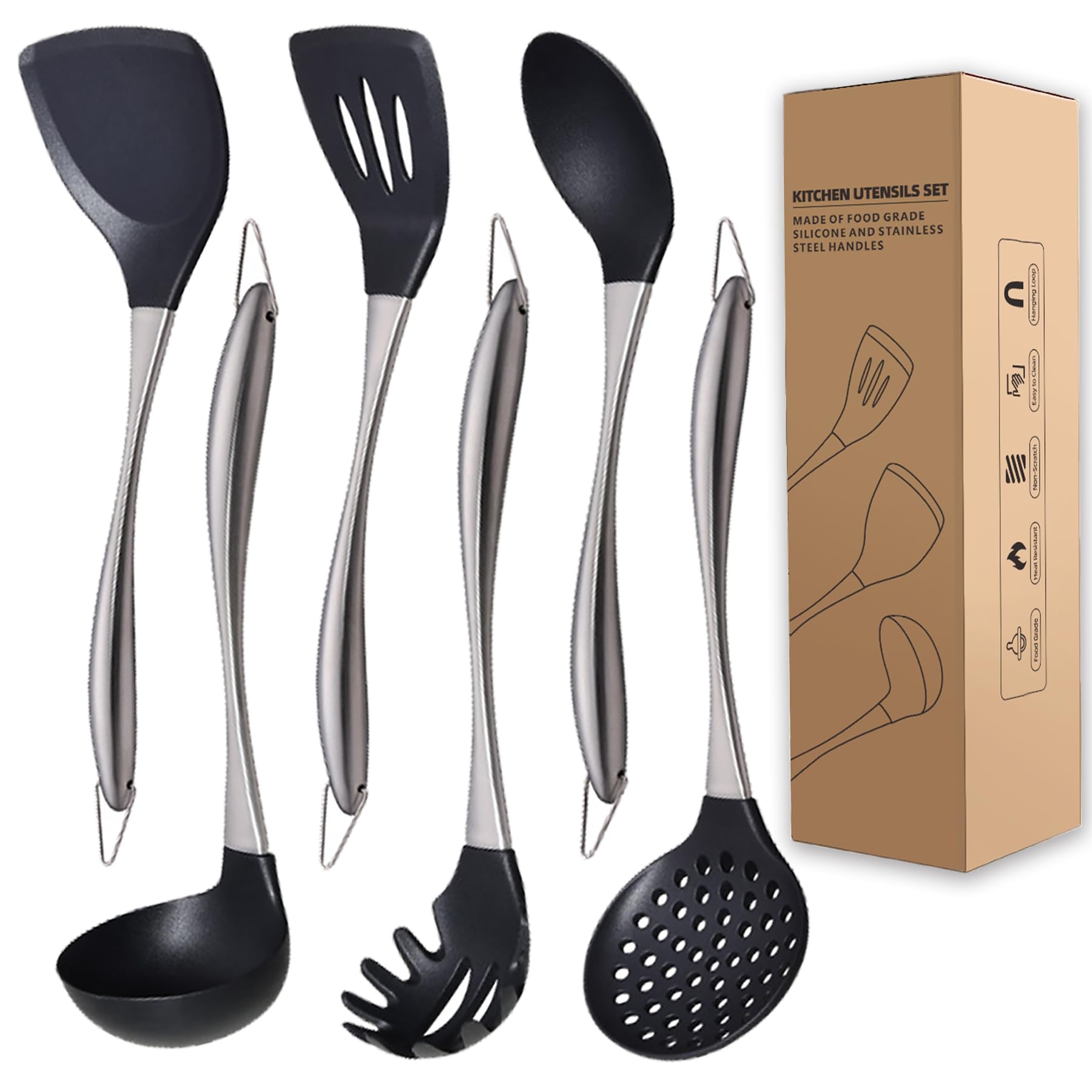 Kitchen Utensils Set, Large Nonstick Silicone Cooking Utensils Set 6 Pcs,Made of 446F Heat Resistant Food Grade Silicone and St