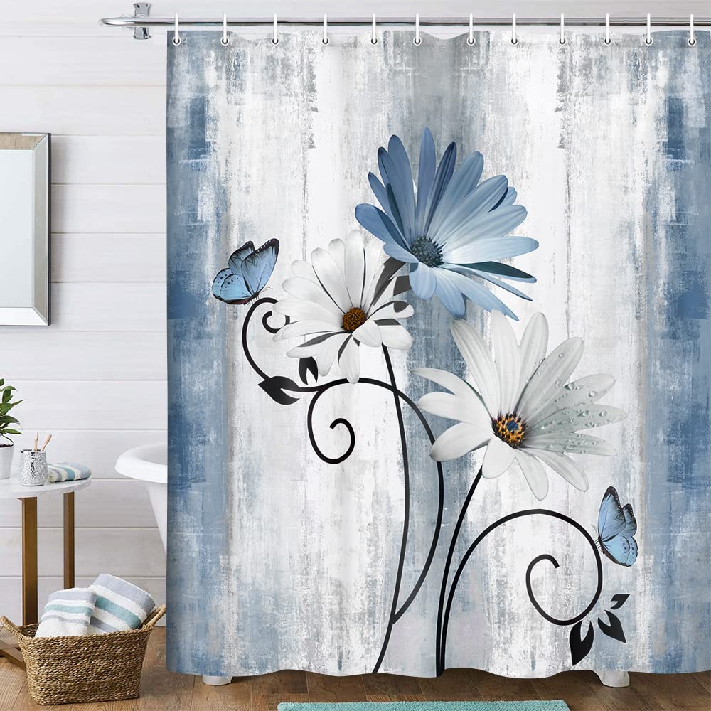 Veivian Rustic Farmhouse Shower Curtain, Farm Blue Daisy Floral Flowers And Butterfly On Country Wooden Shower Curtain For Bathr