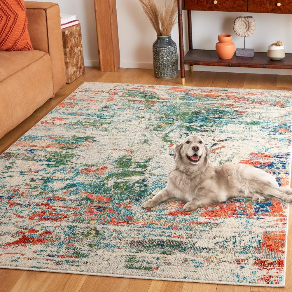SAFAVIEH Madison Collection Area Rug - 8 x 10, Green & Rust, Modern Design, Slip Resistant & Stain Resistant, Ideal for High T