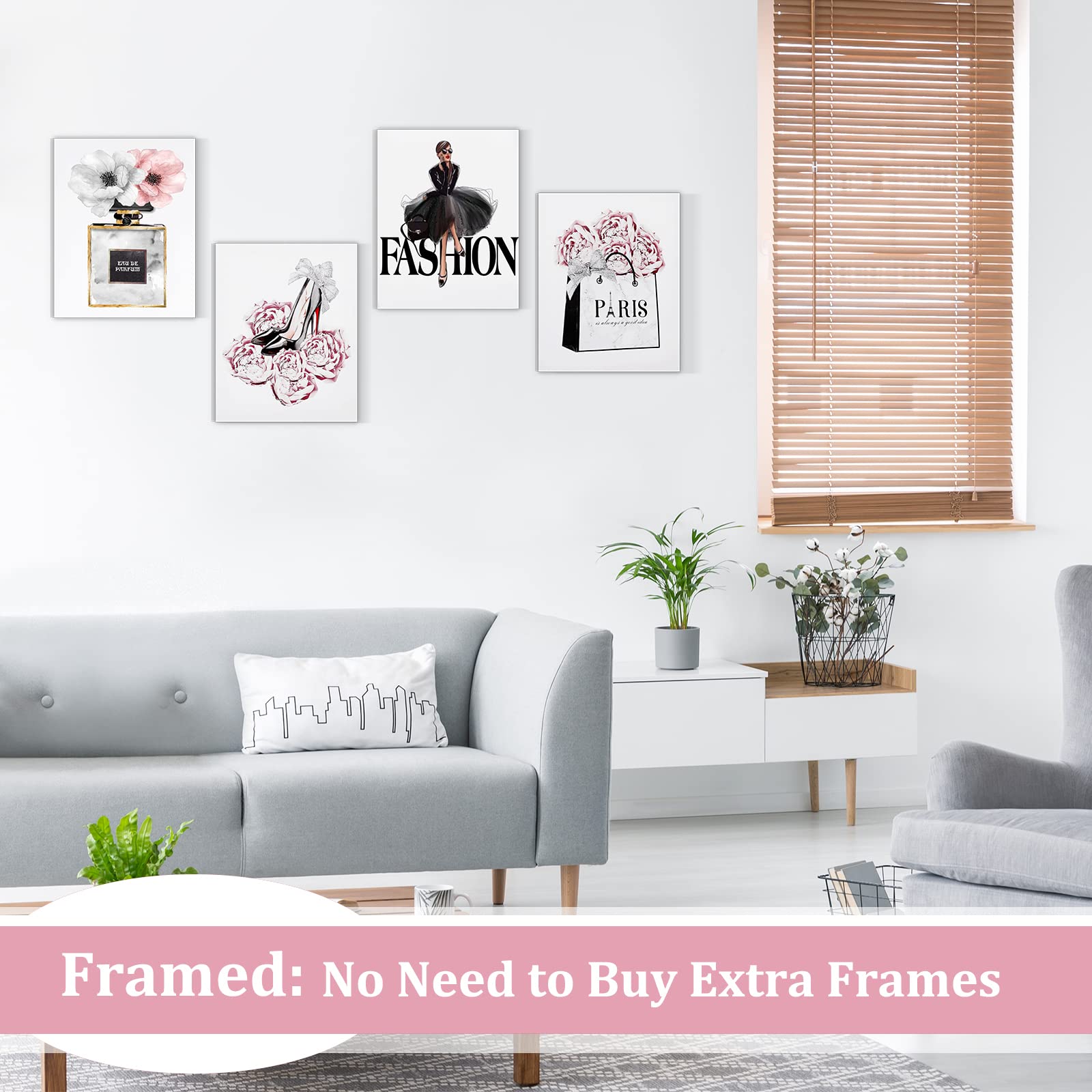 CoziTech Fashion Women Canvas Wall Art Framed  Modern Artwork for Girls Bedroom Wall D?or Pink Flowers Perfume Art Print Handbag High Heel Wall Picture  Gift for woman  Gift for Girls. Set of 4. 8x10in - (Ready to Hang)