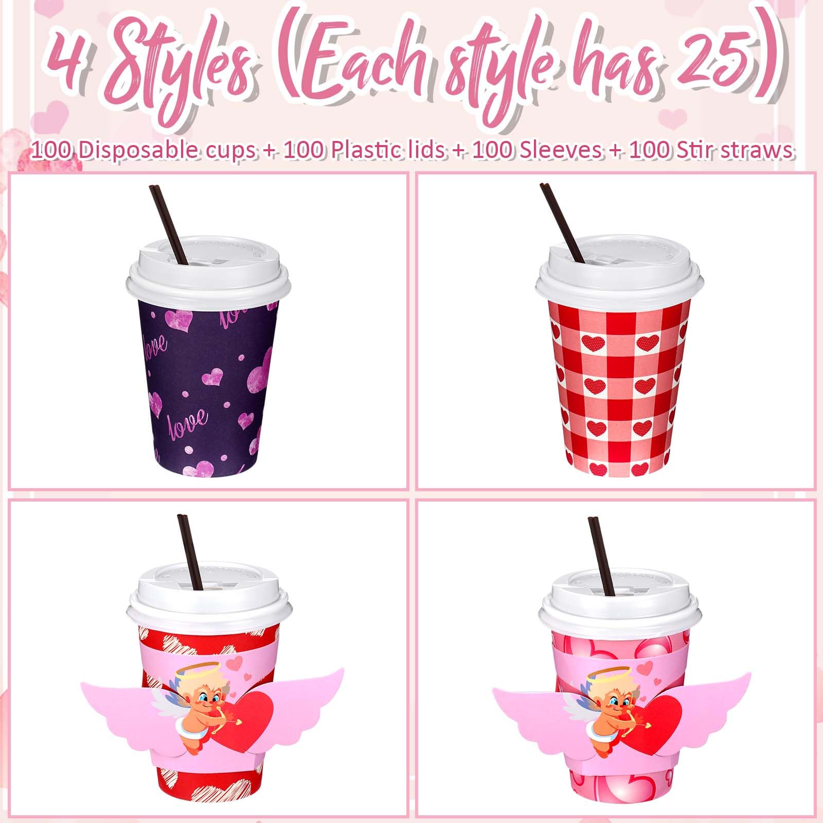 Lallisa 100 Sets Valentine'S Day Coffee Paper Cups Disposable With Lids Straws, Sleeve 12 Oz Holiday Lovely Love For Hot Cocoa T