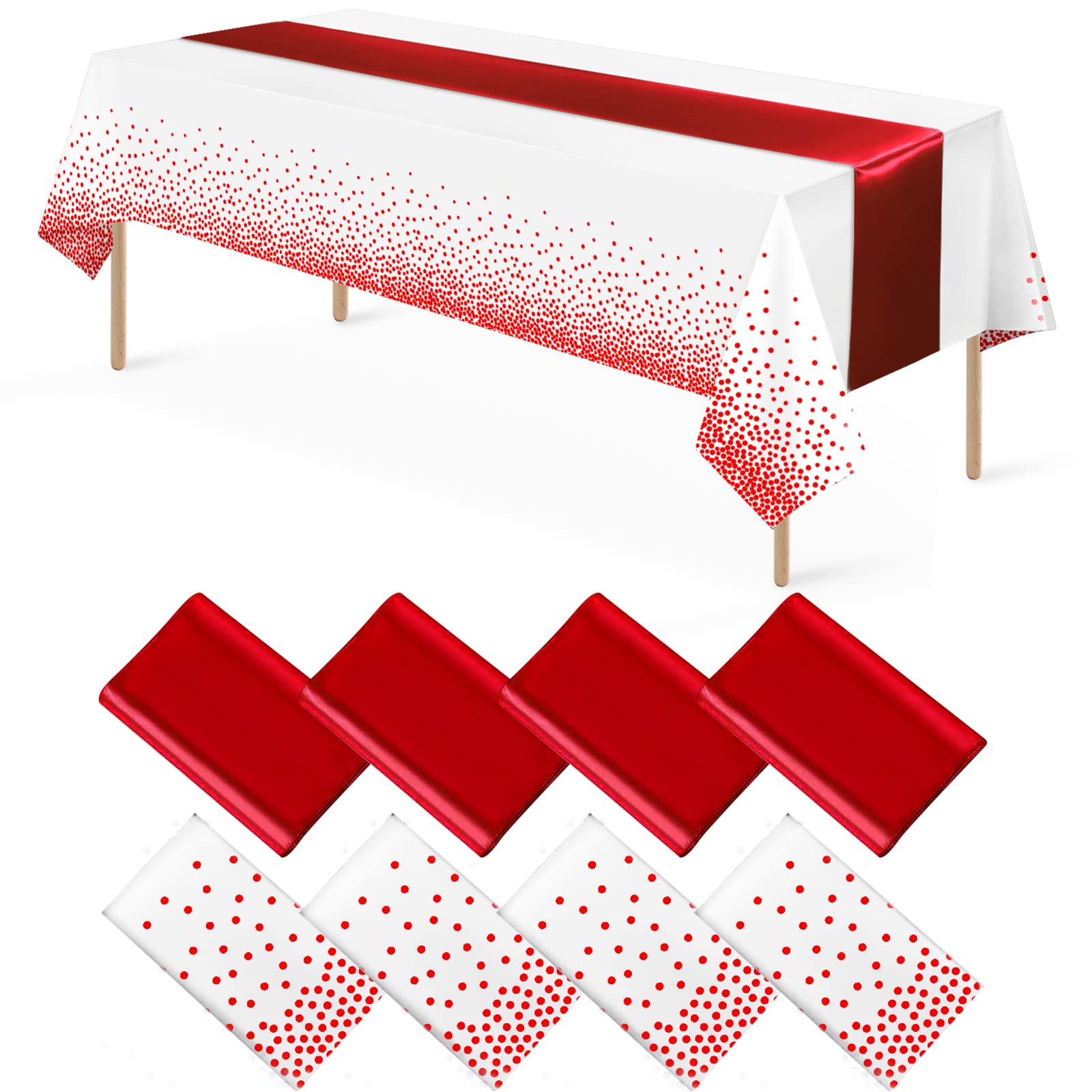8Pack Disposable Plastic Tablecloths and Satin Table Runner Set White and Red Dot Tablecloth Red Satin Table Runner for Wedding 