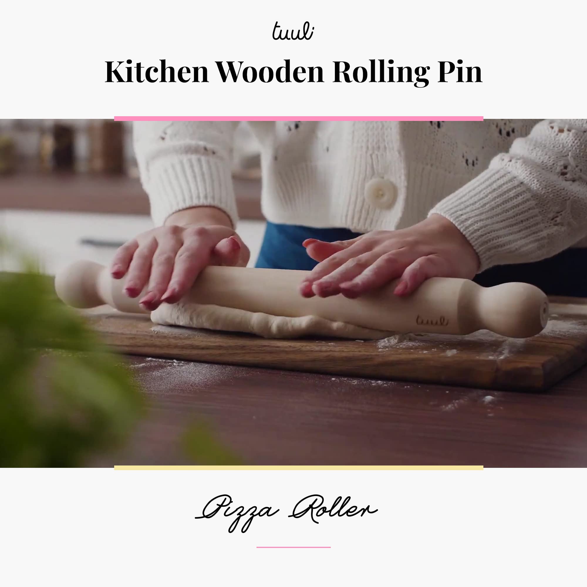 Tuuli Kitchen - French Wooden Rolling Pin, Baking Roller For Rolling Out Pizza, Pasta, Puff And Other Doughs, 40 X 4 Cm
