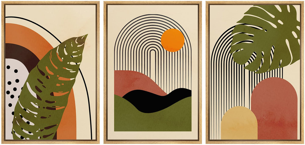 Idea4Wall Framed Canvas Print Wall Art Set Mid-Century Tropical Palm Leaf Landscape Abstract Nature Illustrations Modern Art Nor