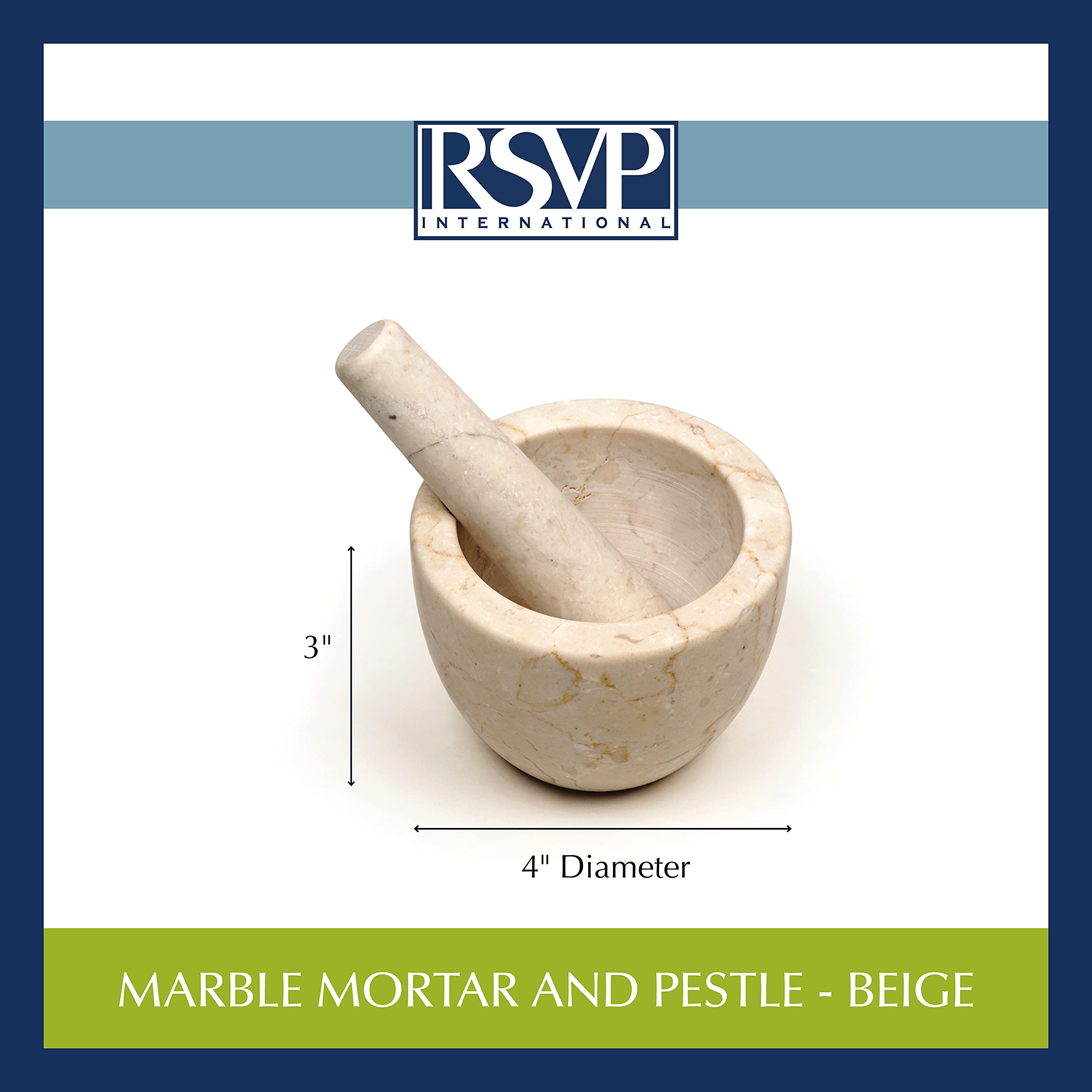 Rsvp International Beige Marble Mortar & Pestle, 3 Ounce | Grind Spices, Powder Pesto, Mash Herbs, Crush Pills | Unique Marble D
