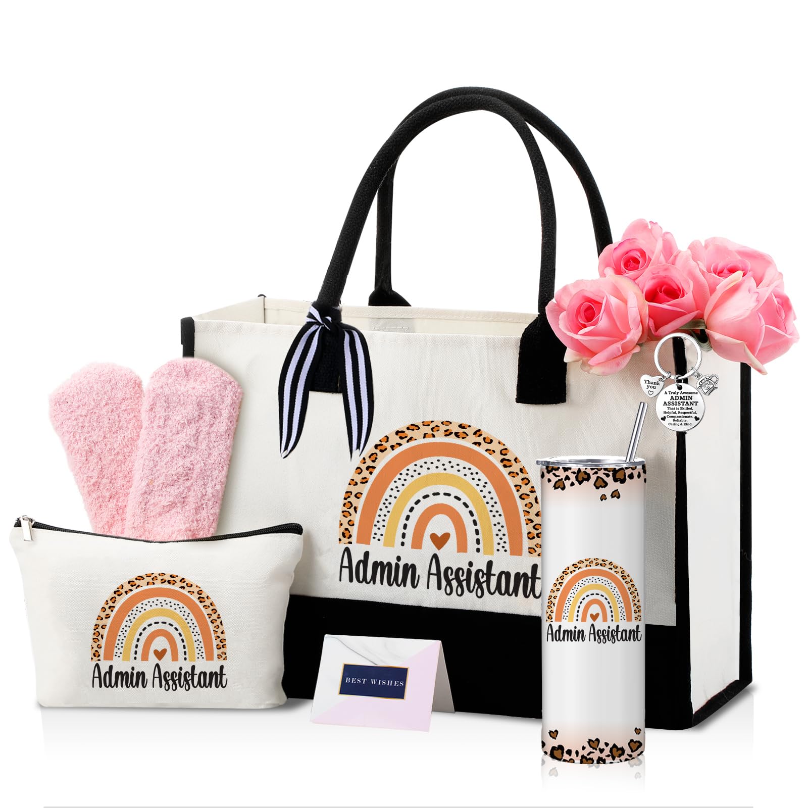 Geiserailie 8 Pcs Administrative Assistant Gifts for Women Including Large Tote Bag Cosmetic Bags Tumbler Cup Plush Socks Metal 