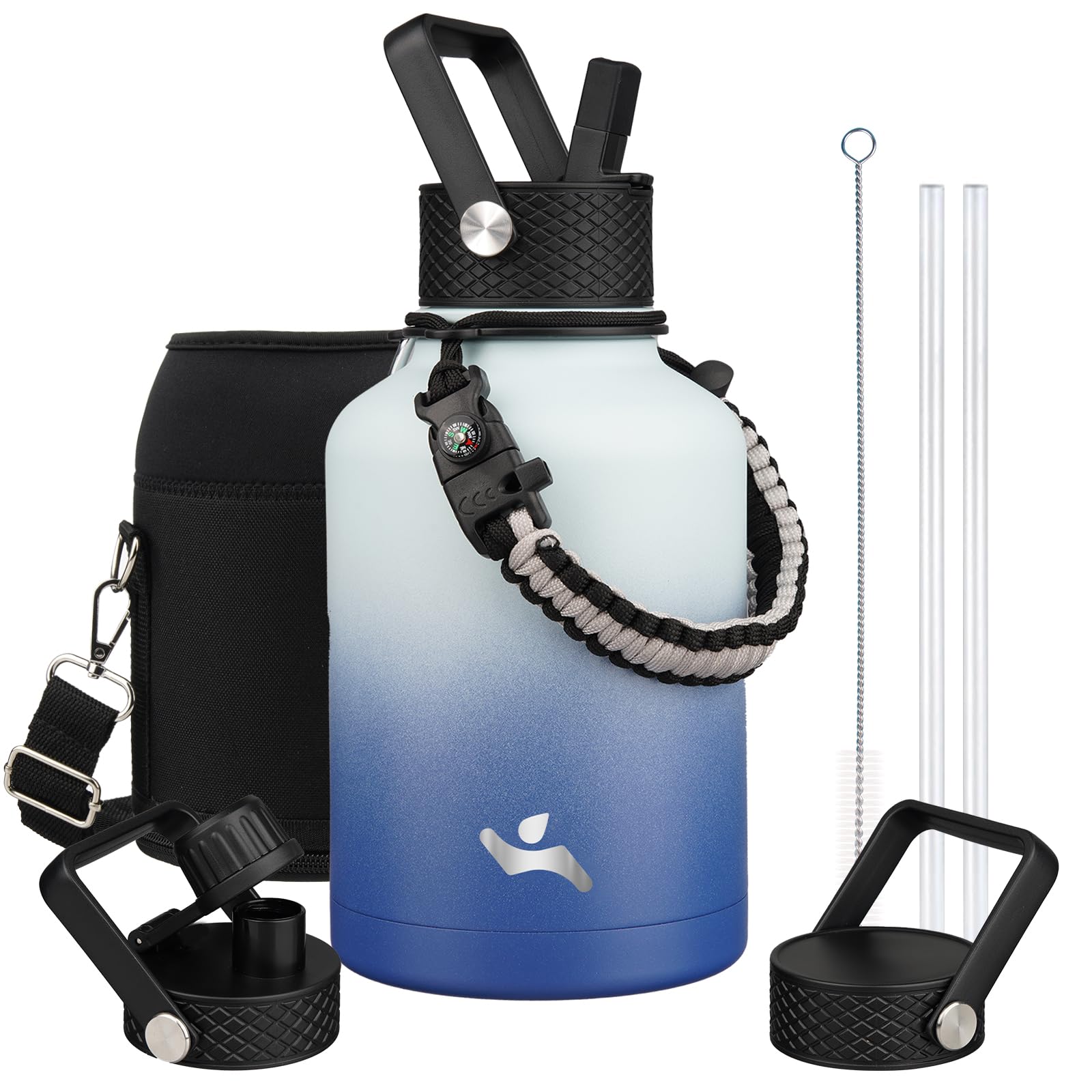 Konokyo Insulated Water Bottle with Straw,50 oz 3 Lids Water Jug with Carrying Bag,Paracord Handle,Double Wall Vacuum Stainless 