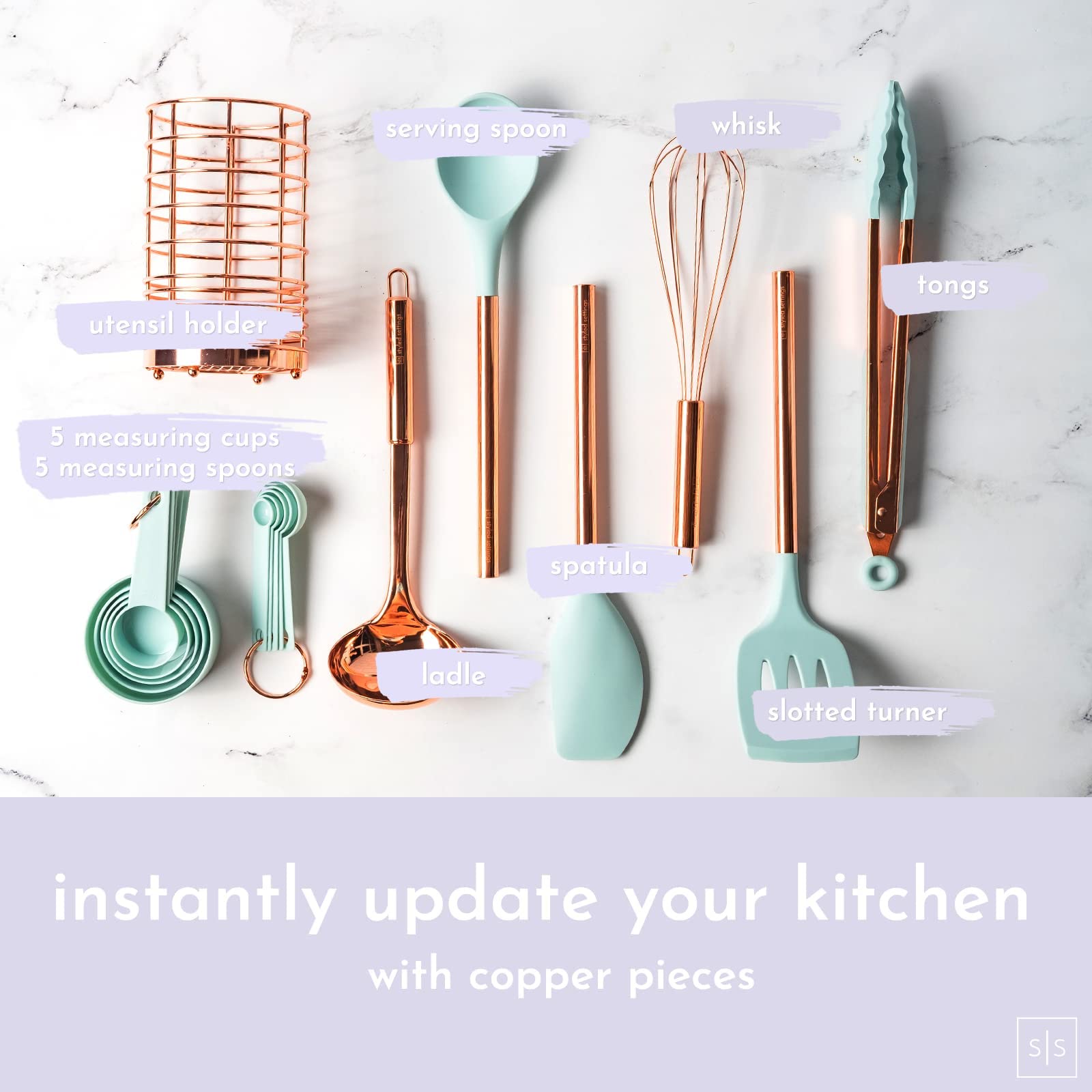 Copper And Teal Kitchen Utensils -17 Pc Copper Kitchen Utensils Set Includes Copper Utensil Holder & Teal Blue And Rose Gold Mea
