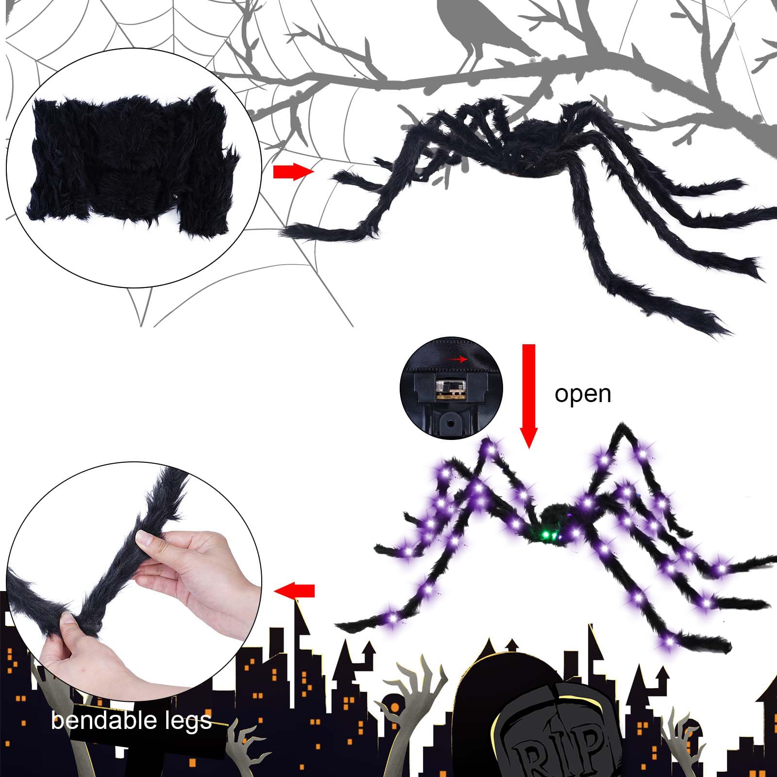 BEIGUO 6.6Ft Halloween Light Up Giant Spider,Scary Large Hairy Spider with Green Lighted Eyes for Yard Lawn Halloween Outdoor De