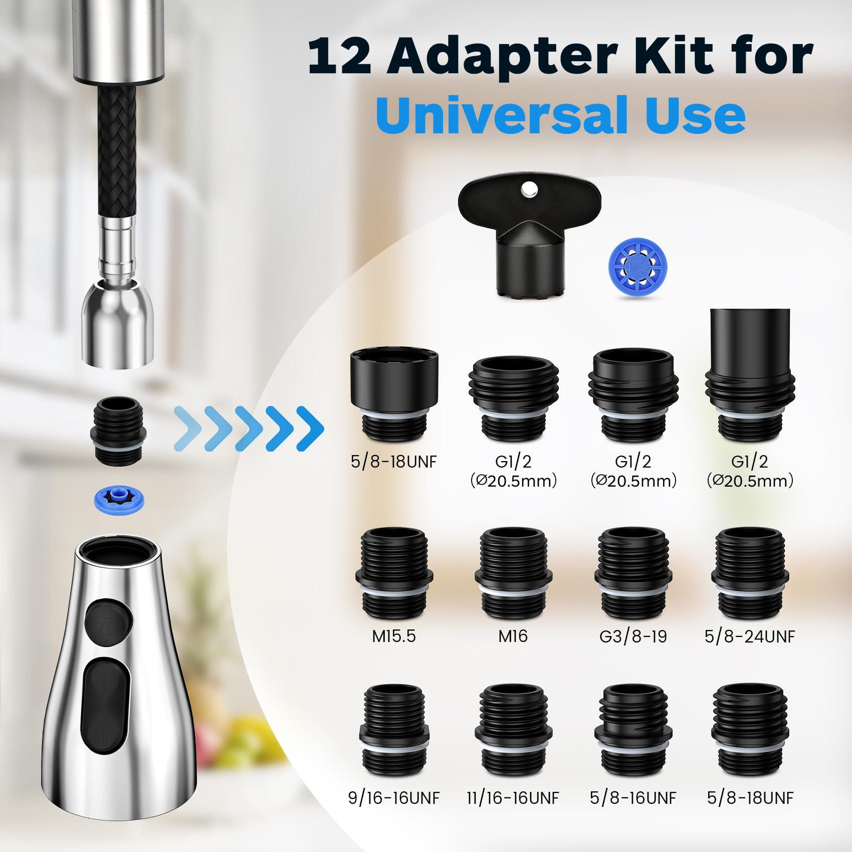 Ifaucet Kitchen Faucet Head Replacement - Pull Down Spray Head, Brushed Nickel with 6 Adapters, Durable ABS Material