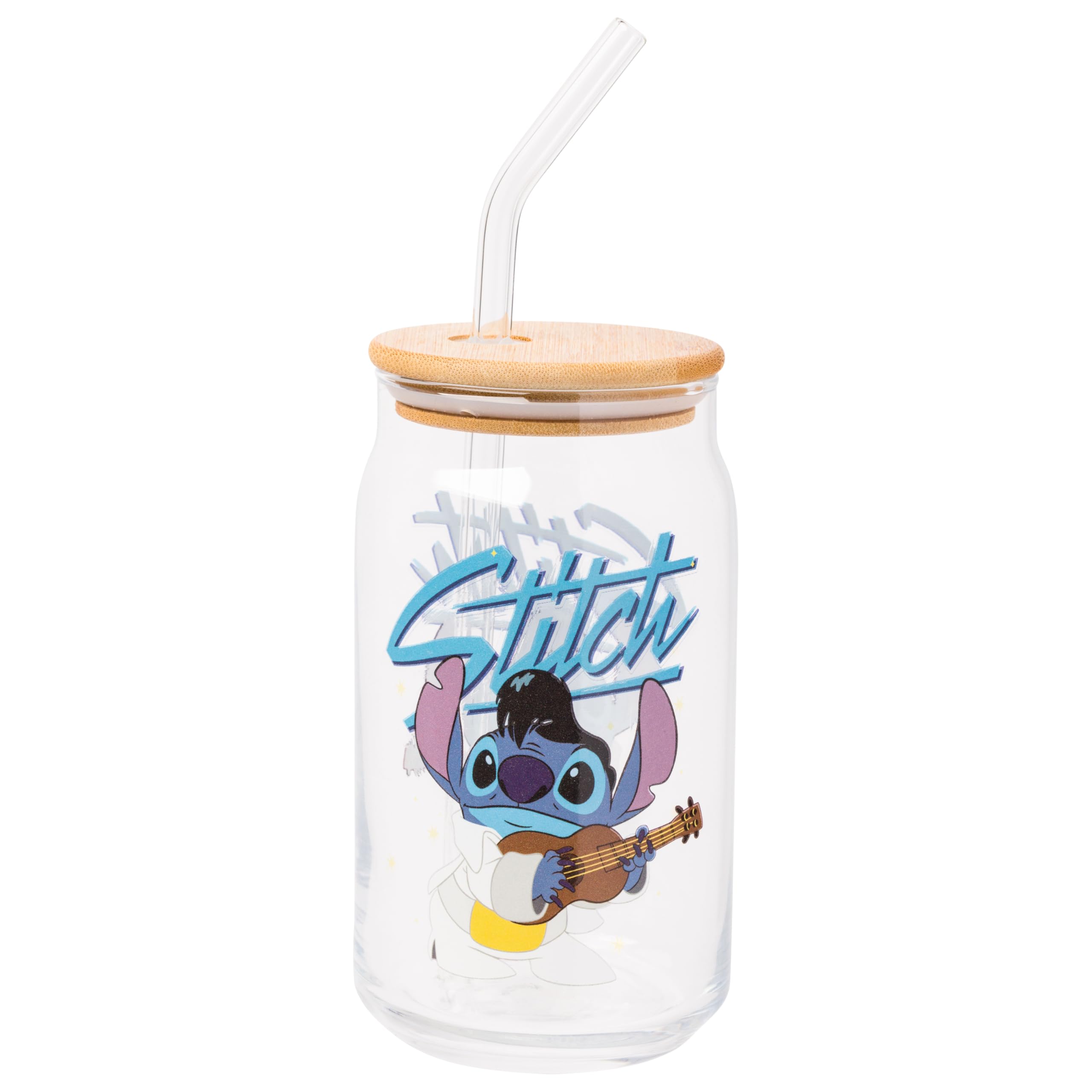 Silver Buffalo Disney Lilo and Stitch Glass Tumbler with Bamboo Lid and Glass Straw Featuring Stitch in an Elvis Costume, 16 Oun