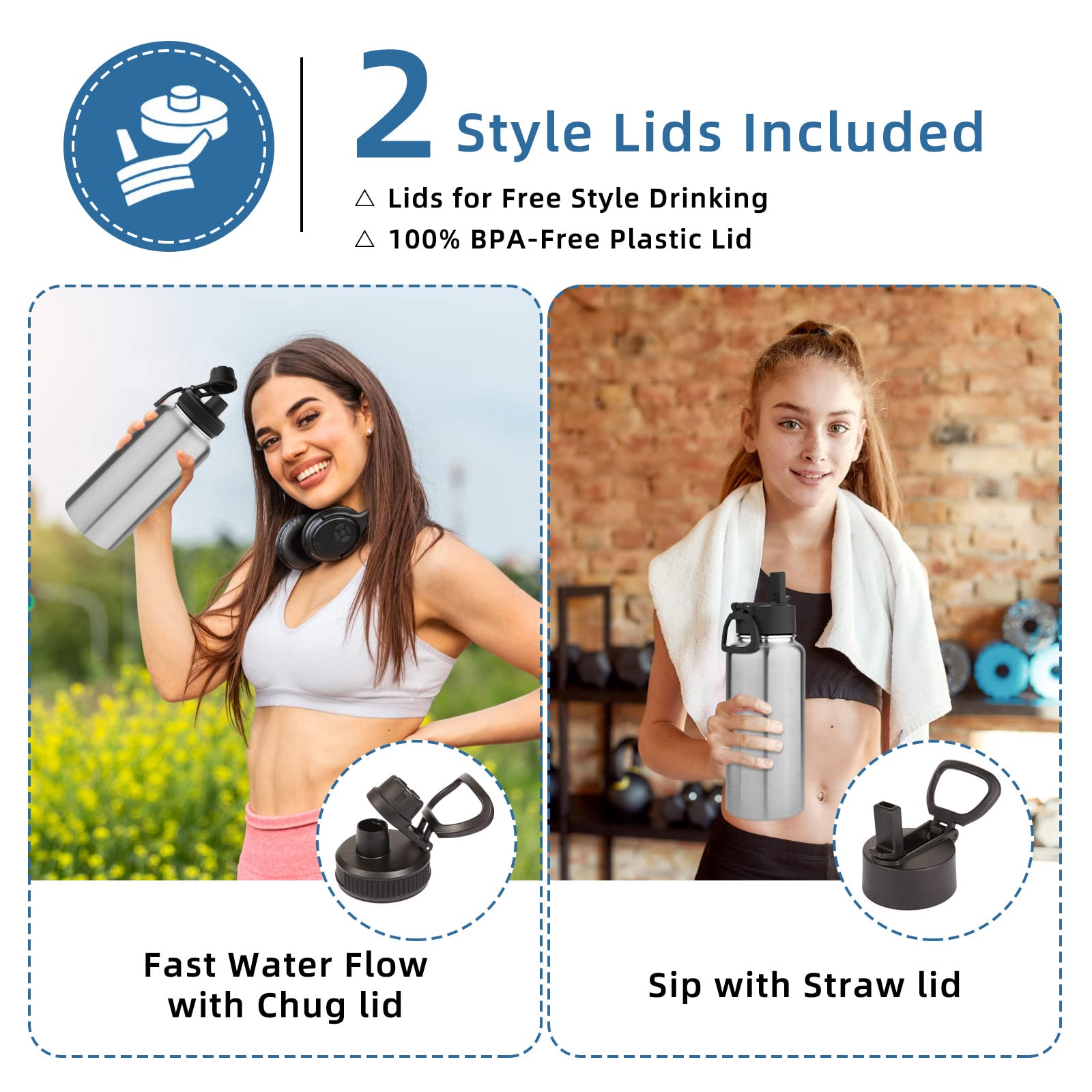 Volhoply 32 oz Insulated Water Bottle with Straw Lid and Spout Lid Stainless Steel Sports Water Bottle Double Wall Vacuum Thermos Leakproof Metal Flask with Wide Mouth for Hiking Camping(Silver 1)