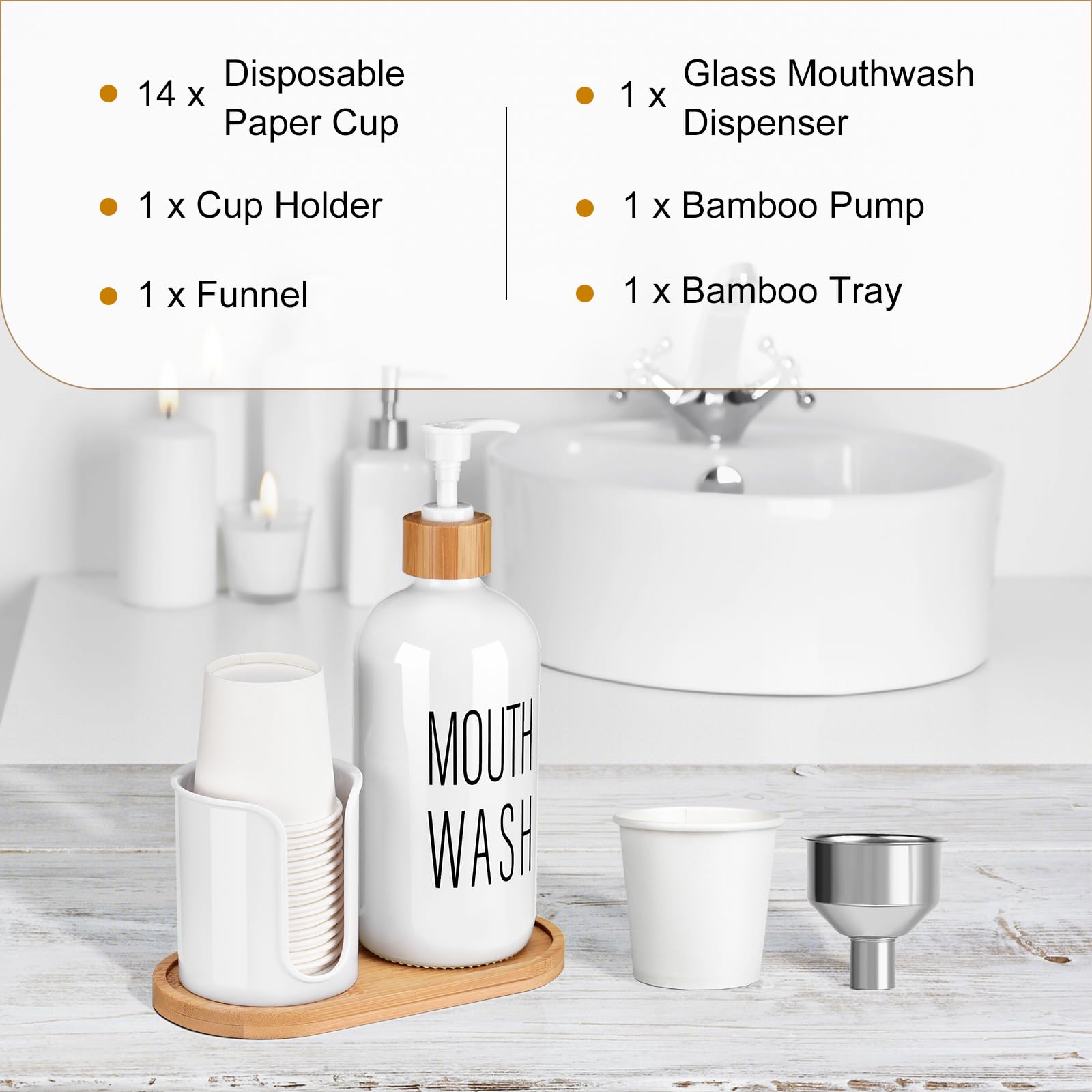 Byaway Glass Mouthwash Dispenser With Cup Holder - 16 Oz Pump Bottle White Mouthwash Container For Bathroom - 14 Mouthwash Cups,