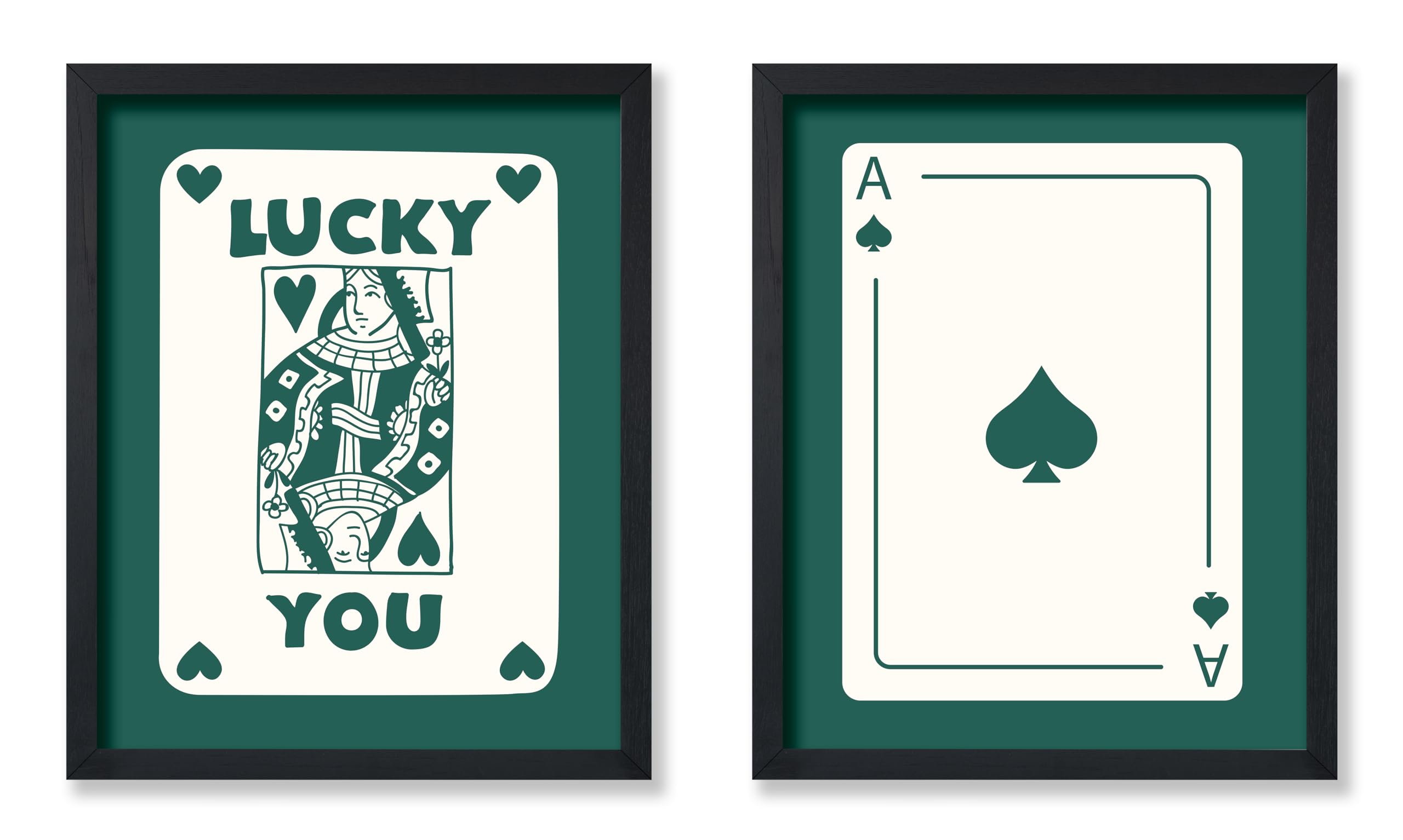Poster Master 2-Piece Minimalist Poster - Retro Trendy Print - Queen of Hearts, Ace of Spades, Lucky You, Green - Gift for Artis