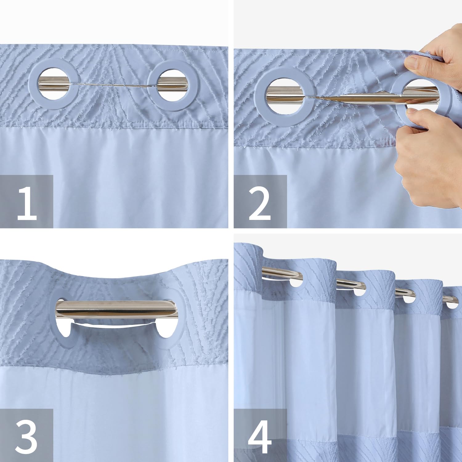 Eachope No Hook Shower Curtain And Liner Set,Boho Style With See Through Top Window, Blue Fabric Tufted Striped Textured Outer C