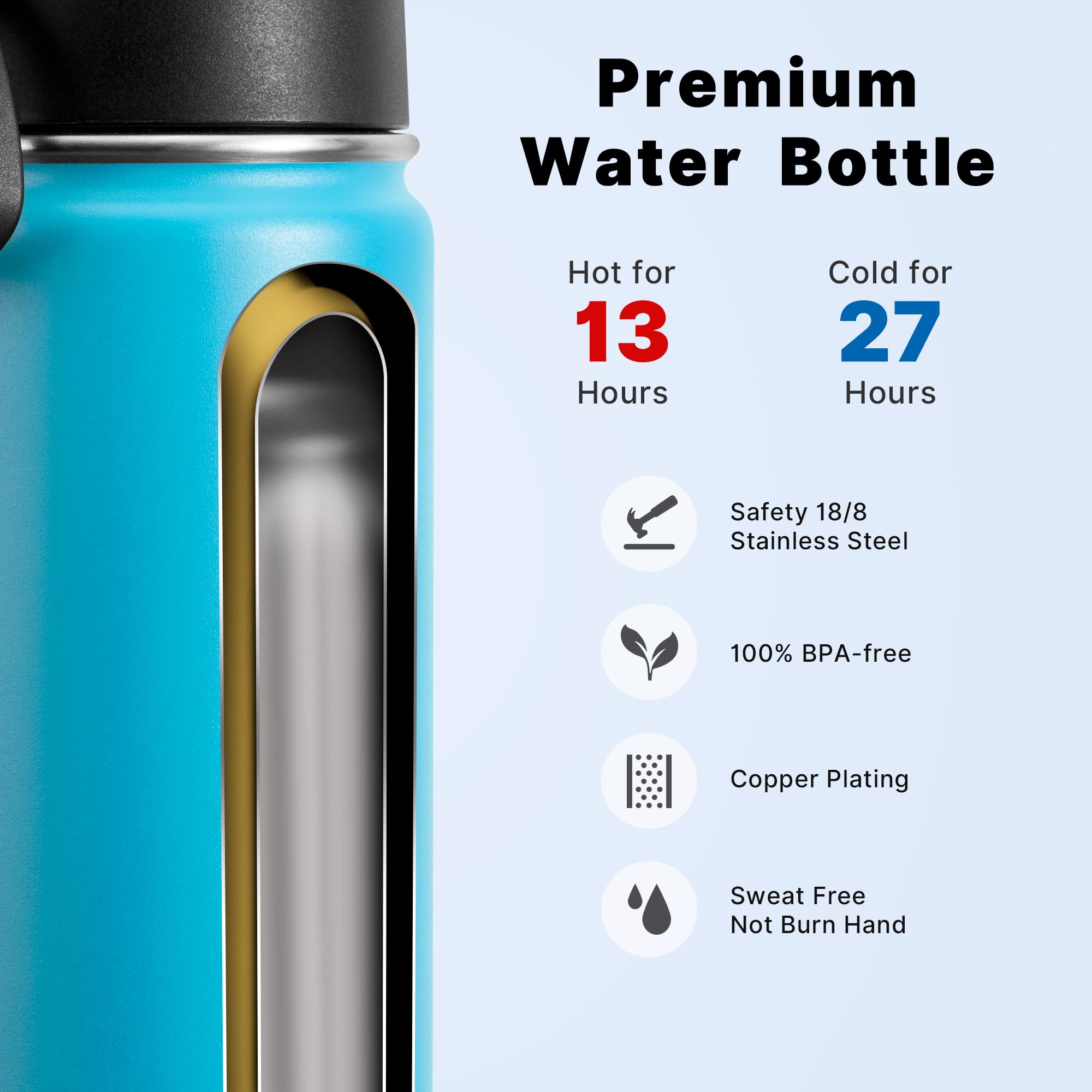 Koodee Water Bottle With Straw 16 Oz Stainless Steel Double Wall Vacuum Insulated Wide Mouth Water Bottle Flask With Leakproof S