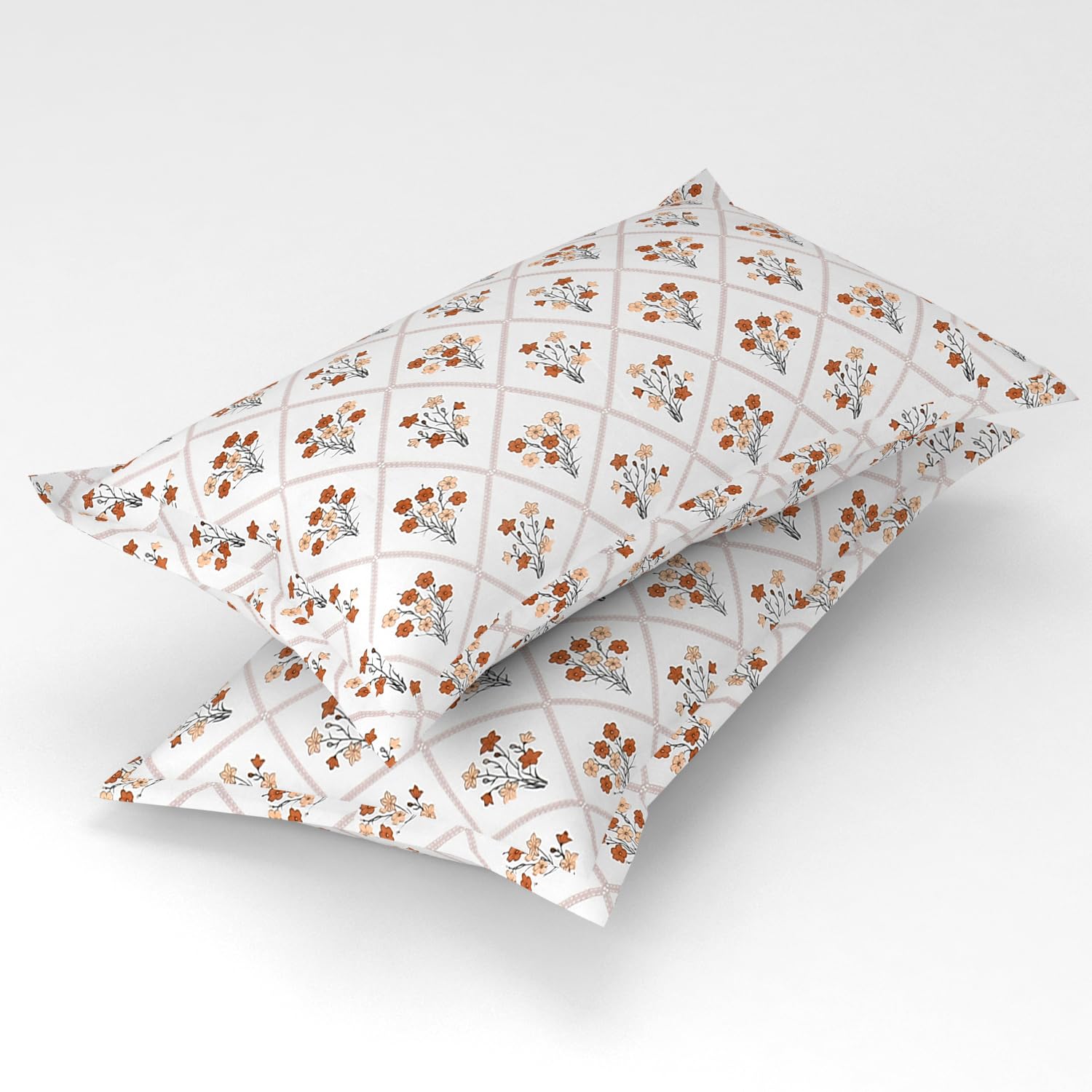 Homefab India 2 Piece Printed Glace Cotton Pillow Covers - Beige, Floral