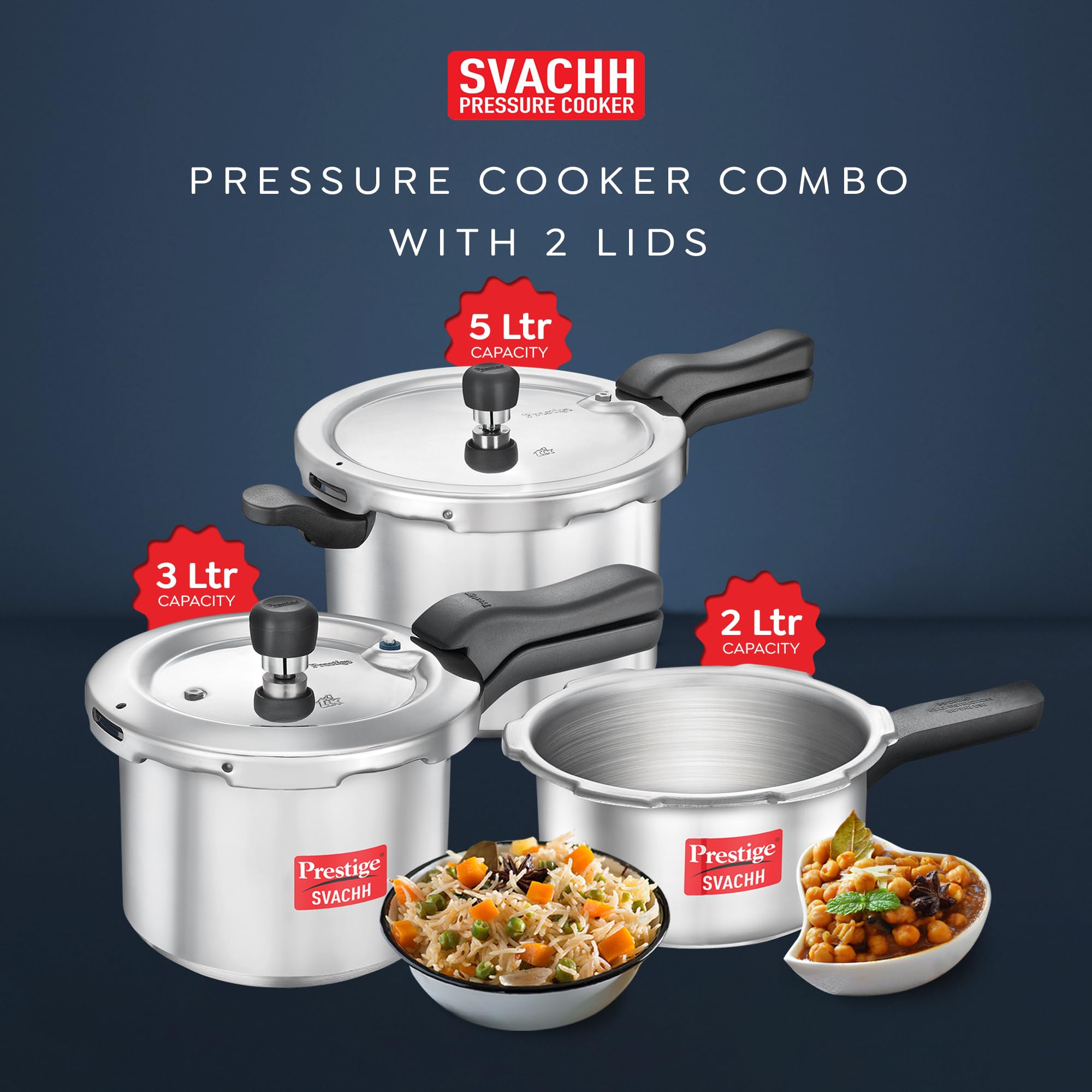Prestige 2L+3L+5 Litres Svachh outer lid Aluminium Pressure Cooker Set|5 years warranty|Deep lid controls spillage|Induction bas