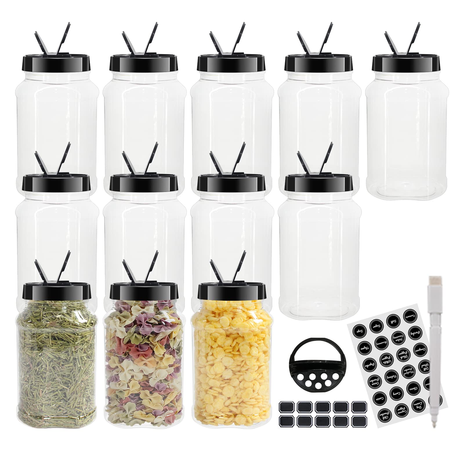 Bpfy 12 Pack 16 Oz Clear Plastic Spice Jars With Black Plastic Lids, Plastic Spice Bottles, Plastic Seasoning Containers With Ch